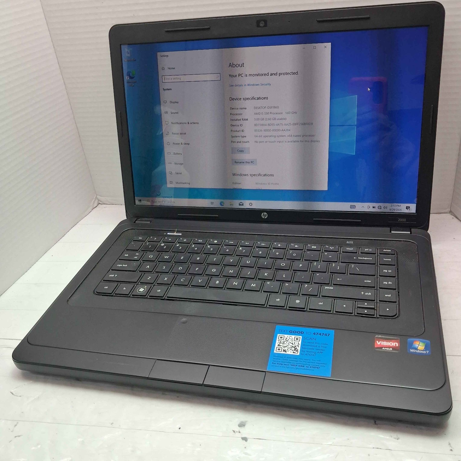 HP 2000 15.6" Windows 10 Laptop AMD E-350 1.6GHz 3GB RAM 320GB HDD ^