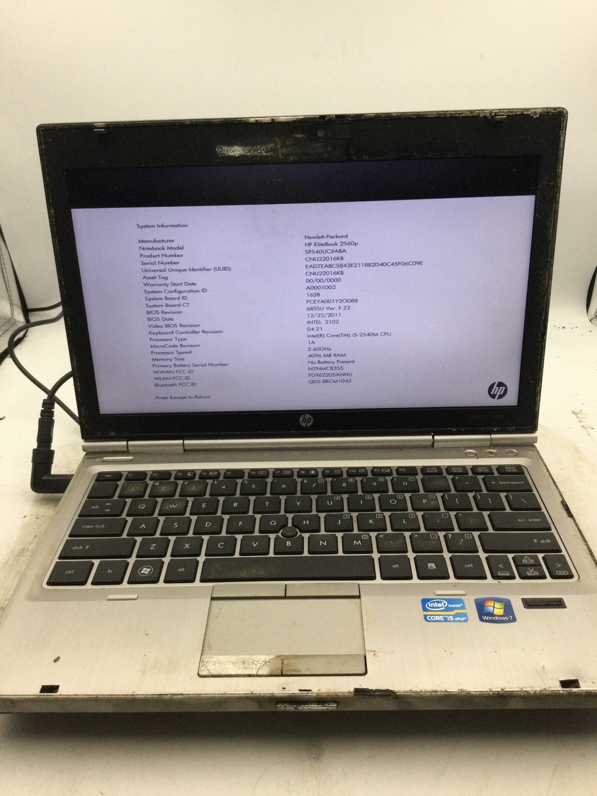 HP ELITEBOOK 2560P - BOOTS TO BIOS - INTEL I5 2540M - NO RAM-READ DESCRIPTION-BB