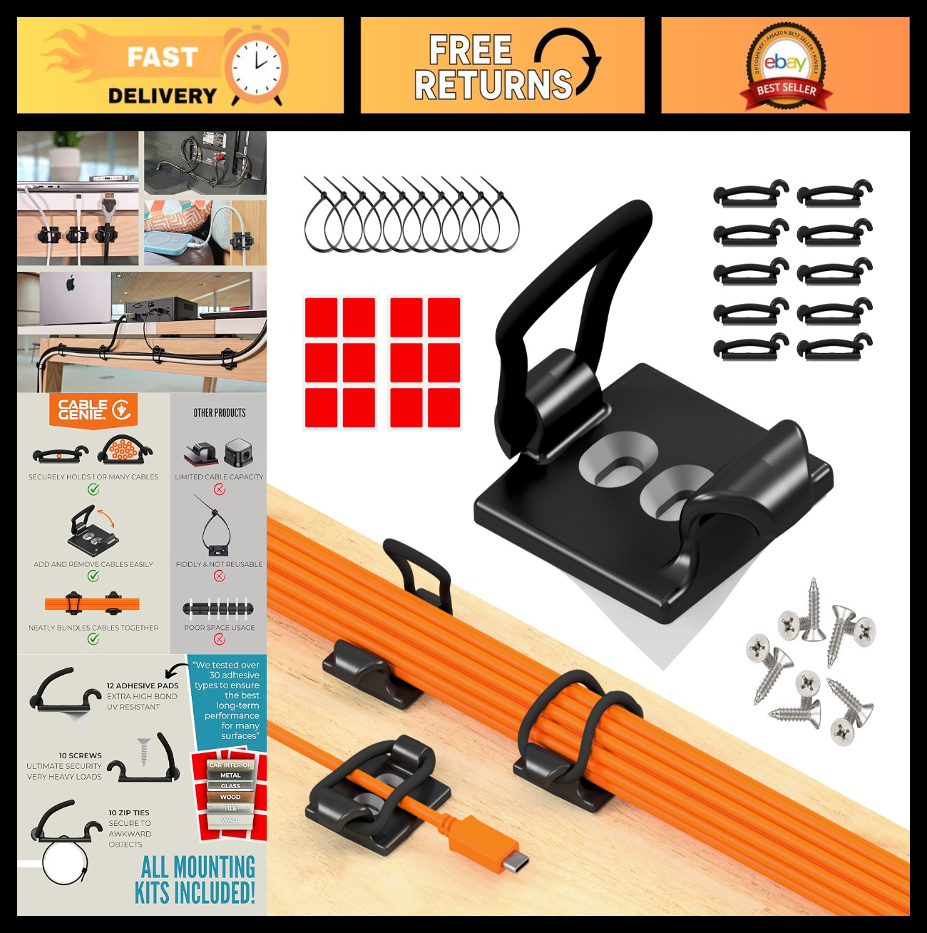[Made in the UK] 10-Pack Adjustable Elastic Adhesive Cable Clips