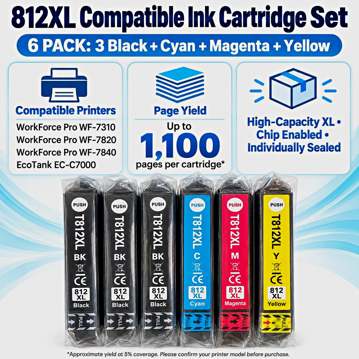 PrintImpressions Epson 812XL Ink Cartridge Combo Pack – 6 Pack (3 Black + CMY)