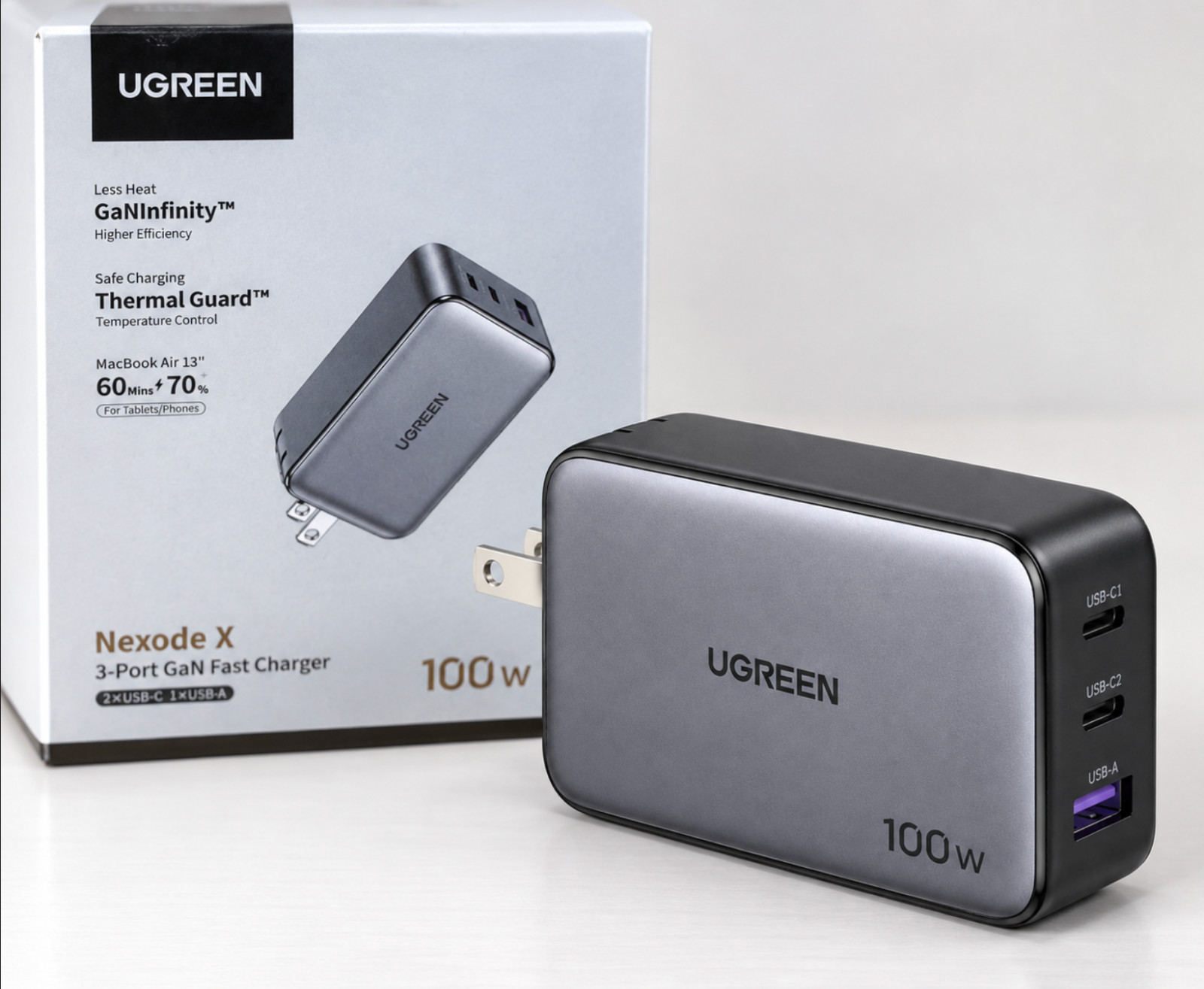 UGREEN Nexode X 100W GaN Fast Charger 3-Port 2 USB-C 1 USB-A New Open Box