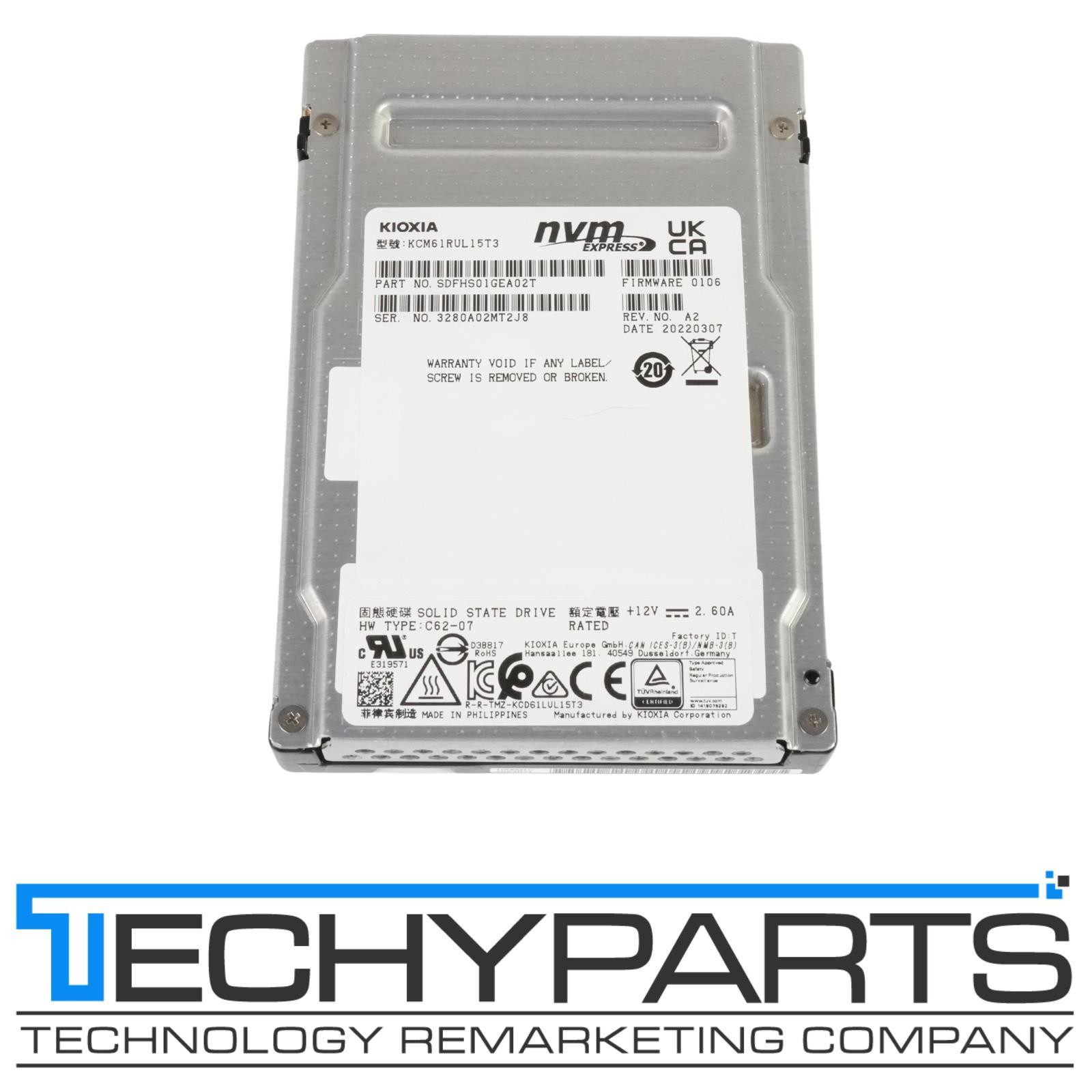 Kioxia CM6 15.36TB 2.5" SFF NVMe U.3 PCIe Gen 4 x4 3D TLC SSD KCM61RUL15T3 100%