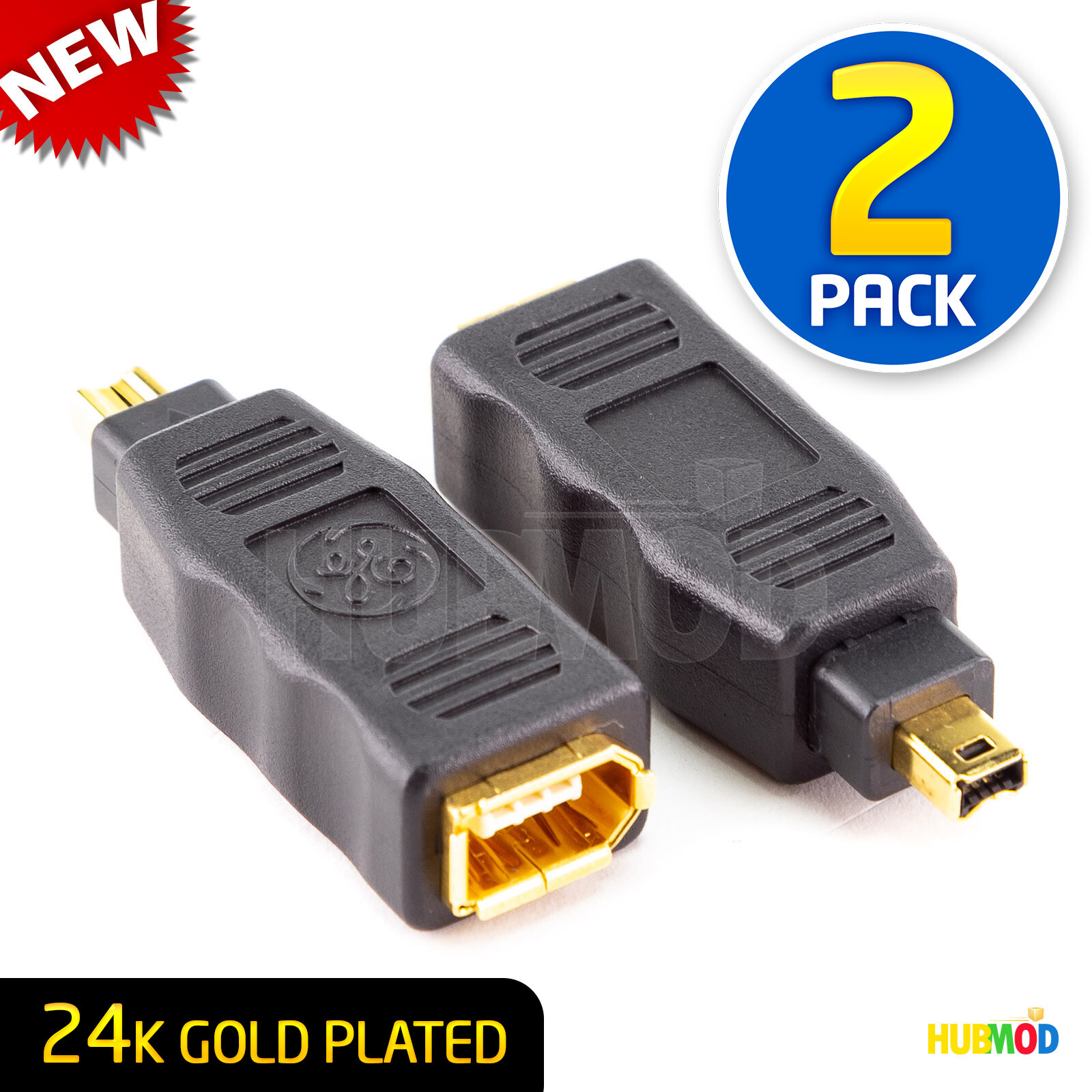 2x GE 24K GOLD Plated Female 6 Pin to 4 Pin Male F/M FIREWIRE IEEE 1394 Adapter