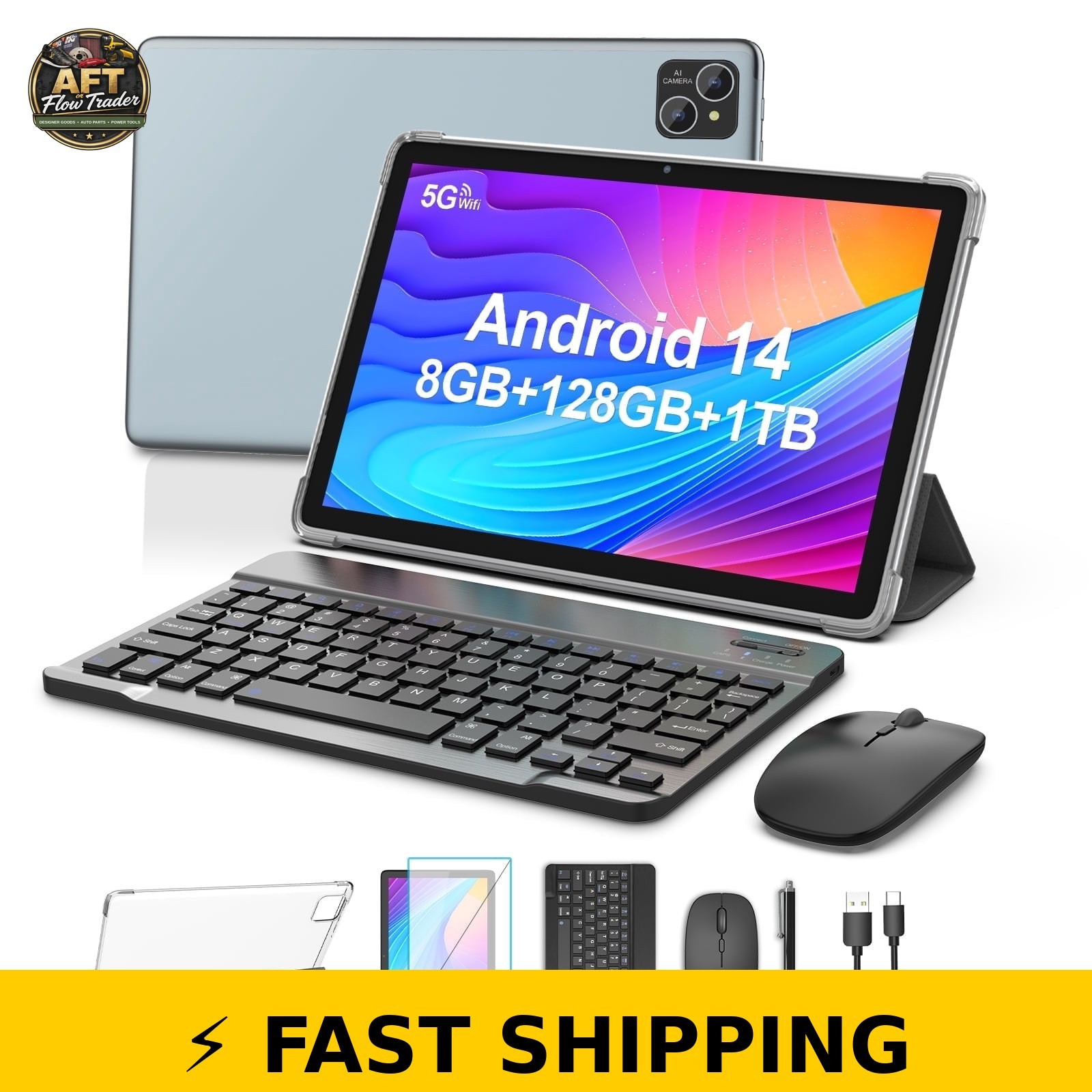 FITIFUN Android 14 Tablet 10" with Keyboard, 8GB RAM, 128GB Storage, Gray