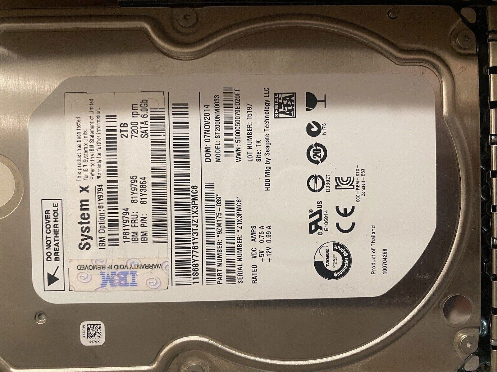IBM 2TB 81Y9795 81Y9794 System X 6Gb NL SATA 7.2K 3.5" G2HS M4 M5 Hard Drive HDD