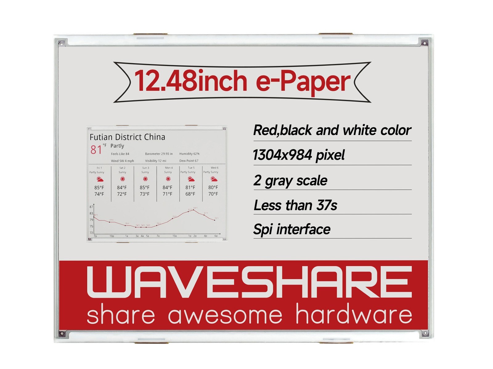 Waveshare 12.48inch E-Ink raw display red/black/white three-color 1304×984