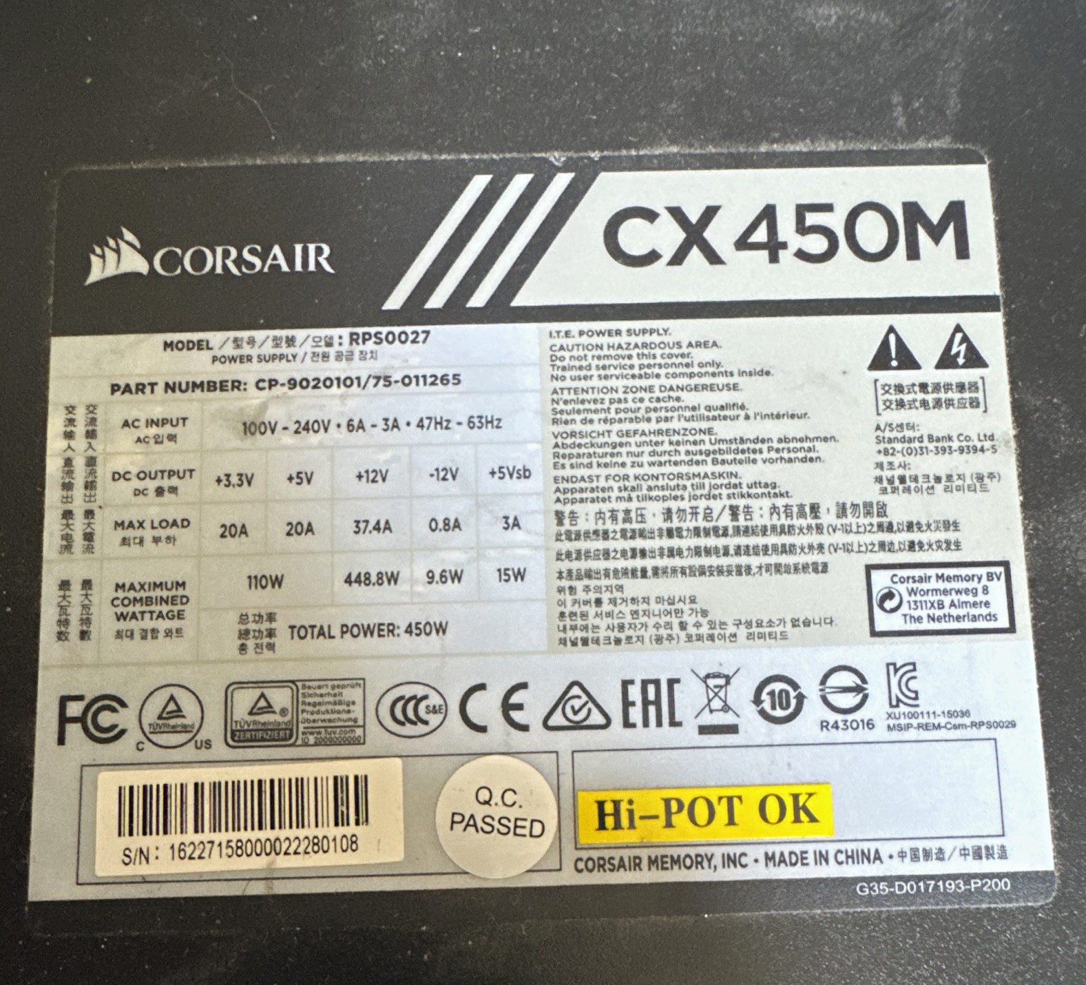 Corsair CX450M 450W ATX Modular Power Supply Unit, Black CP-9020101