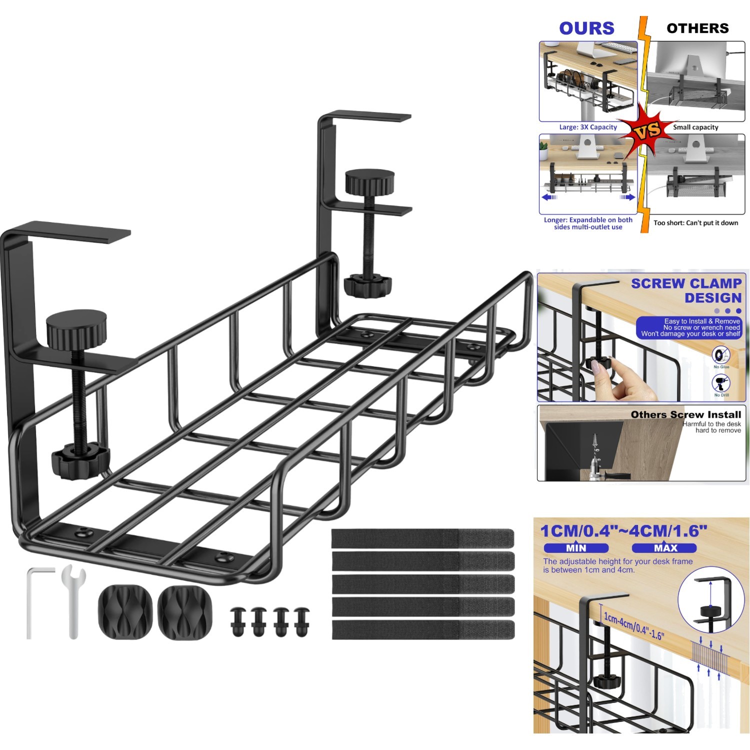 Under Desk Cable Management Tray No Drill Metal Wire Cord Organizer Rack Clamp