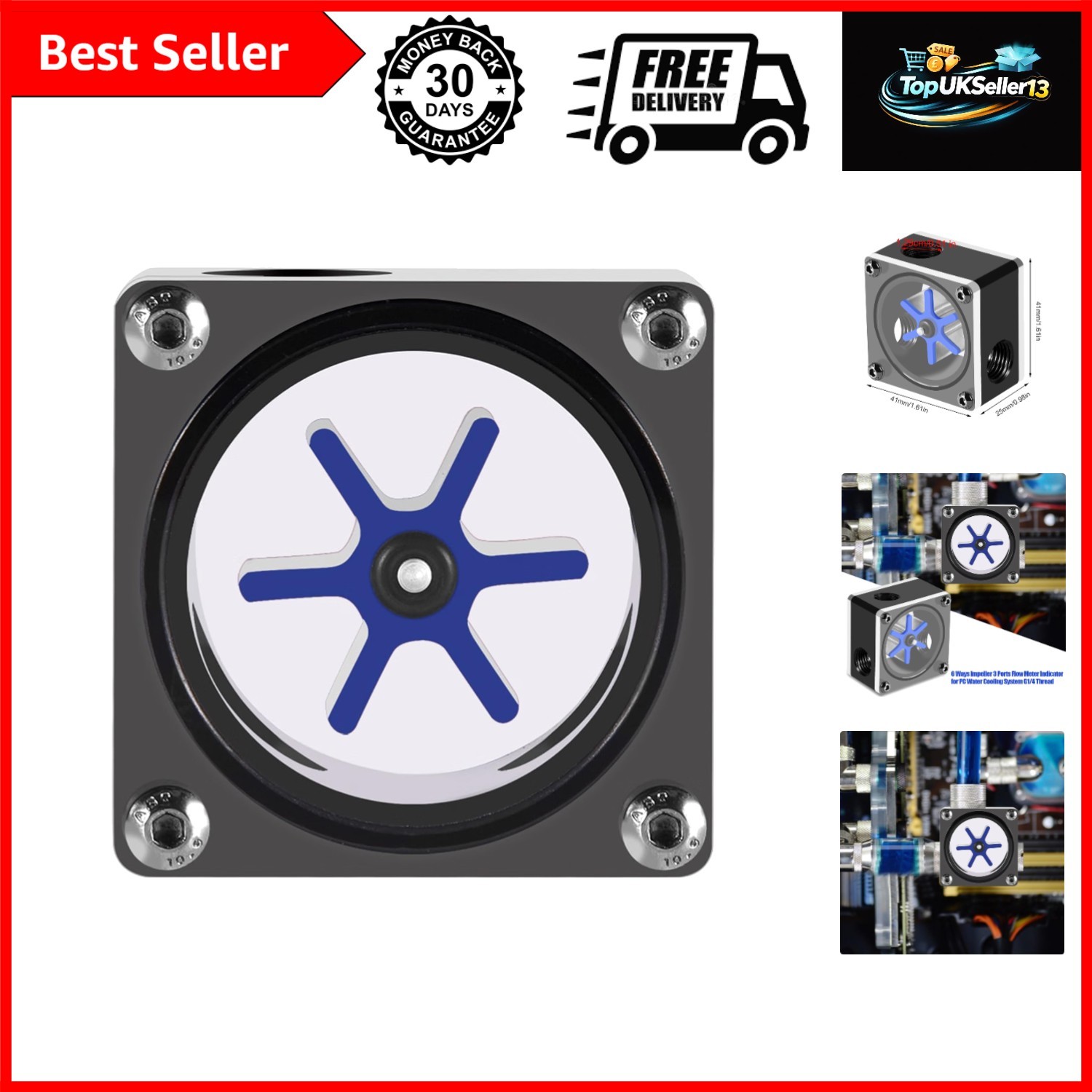 Flow Meter Indicator for PC Water Cooling System, G1/4 Threaded 6 Impeller 3 ...