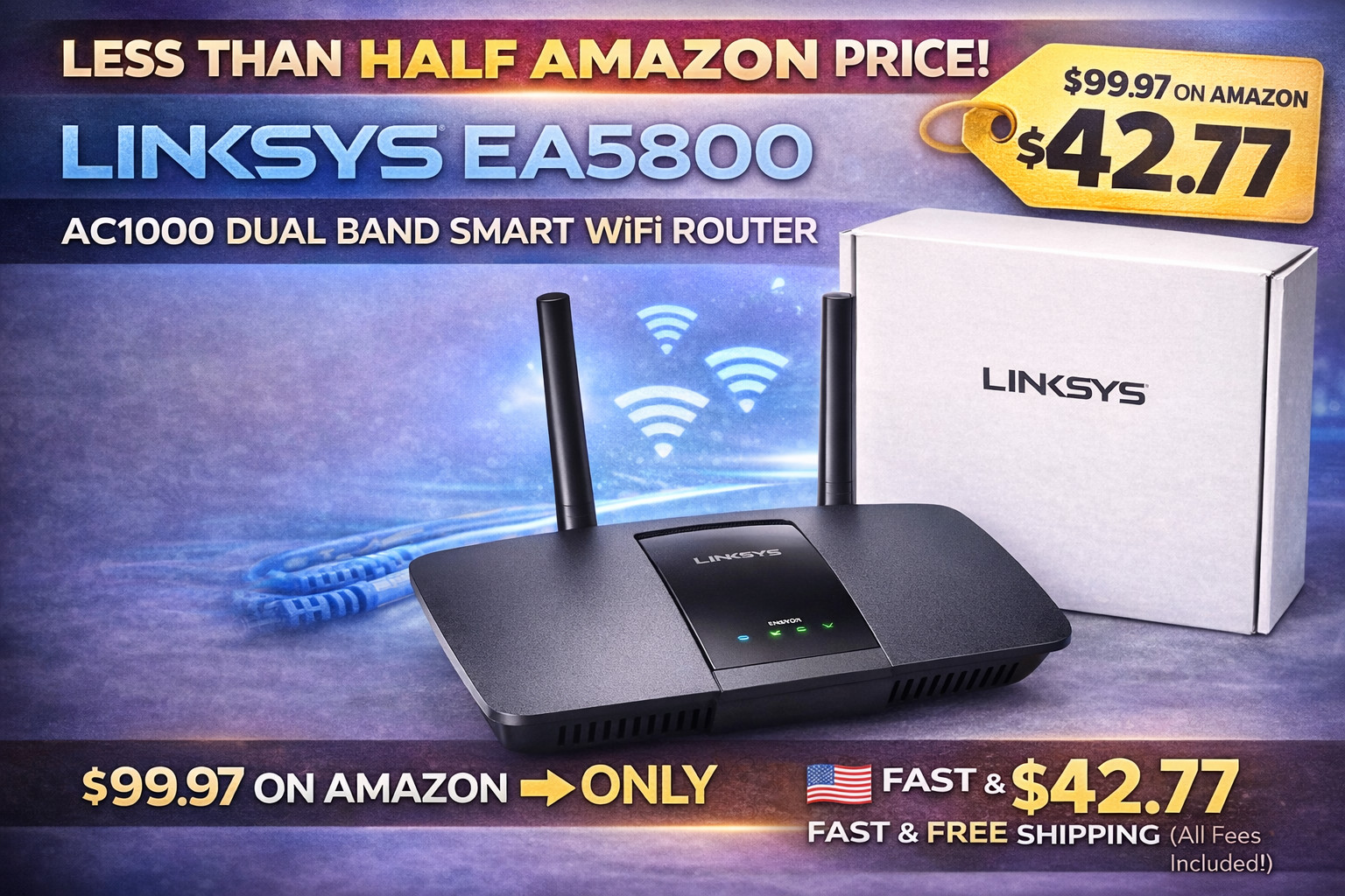 Linksys EA5800 AC1000 Dual-Band Smart WiFi Router Wireless Router w/ Adapter