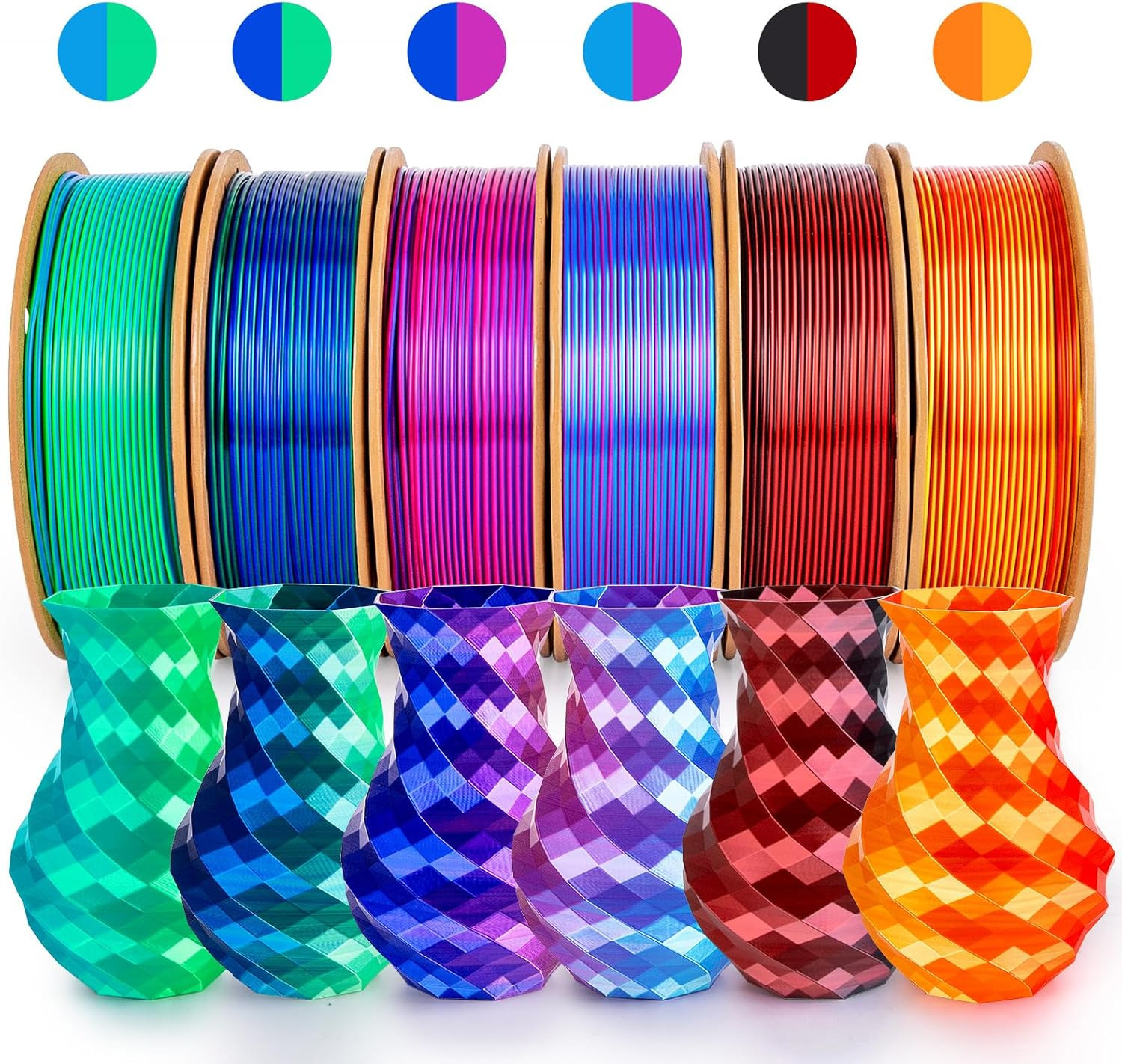 Filamento 3d pla seda dual color 6 bobinas 175mm 250g rojo dorado azul verde