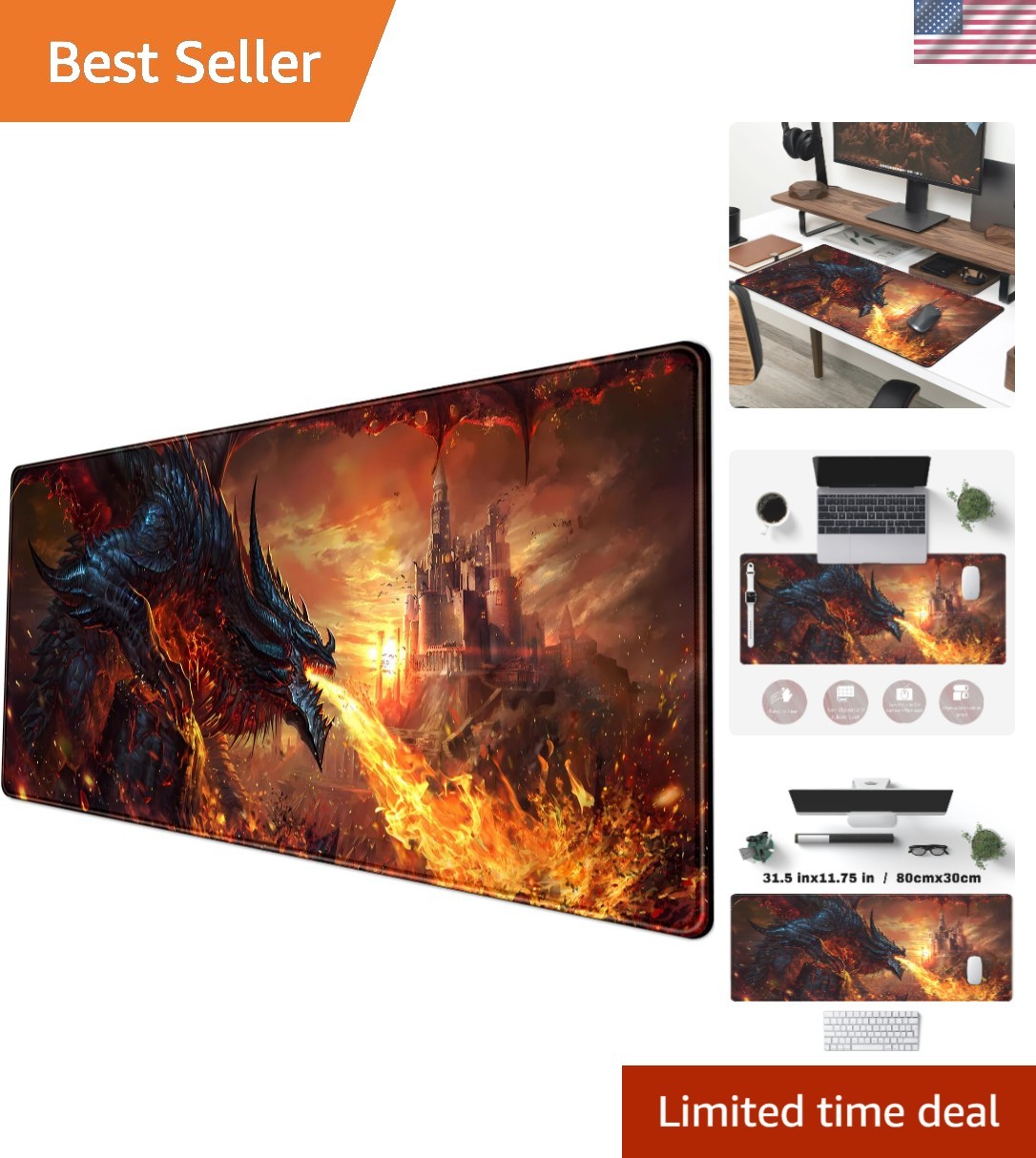 Extended Keyboard and Gaming Mouse Pad - Dragon Castle Aesthetic 31.5 x 11.8 in