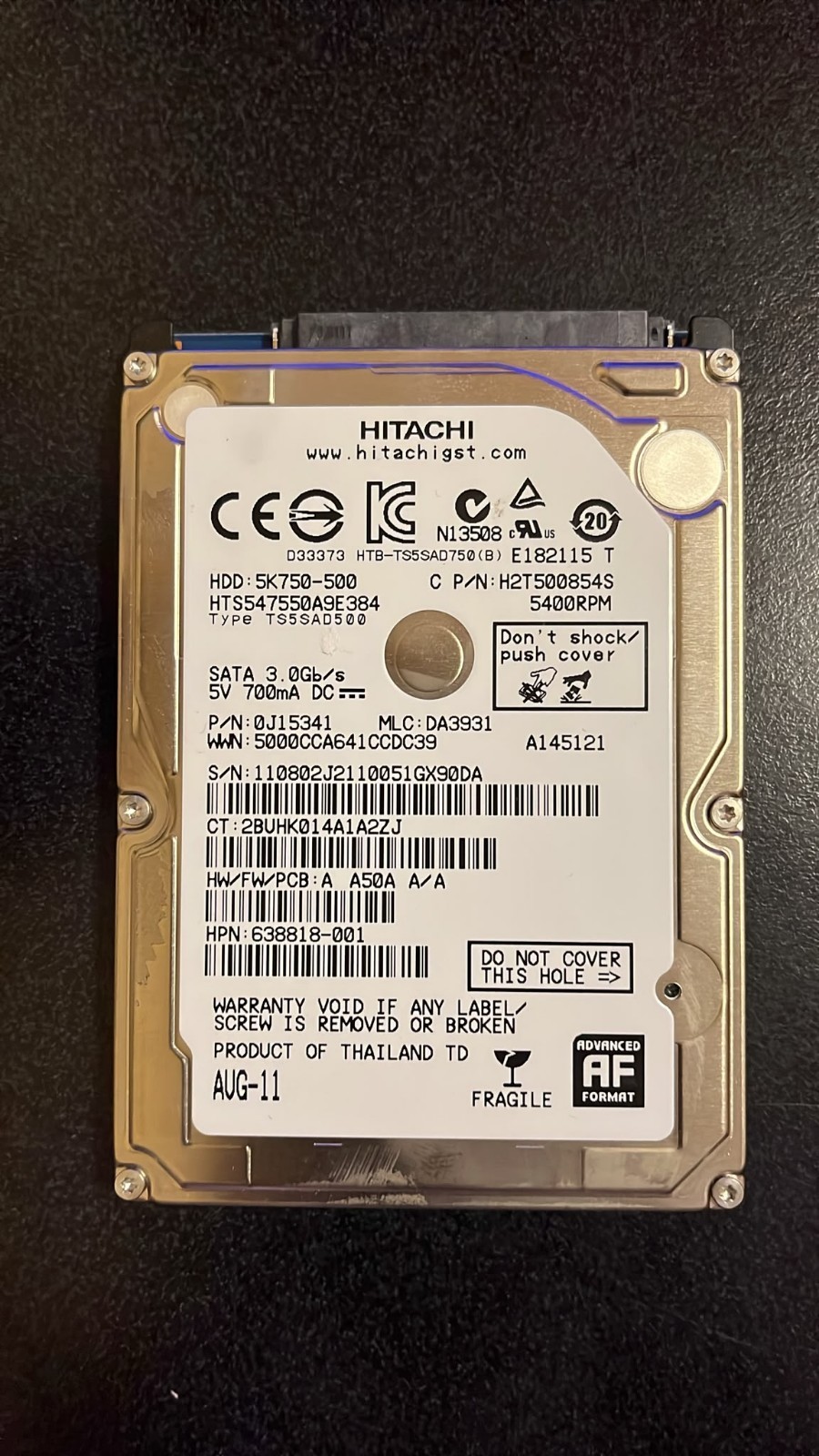 HITACHI 500GB (A/N HTS547550A9E384) 2.5" INTERNAL HARD DRIVE Used