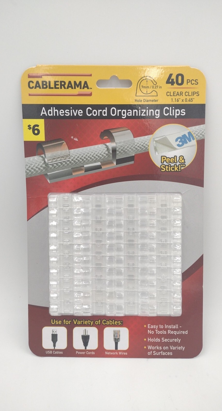 Cablerama Adhesive Cord Organizing Clear Clips with 3M Adhesive Set of 40