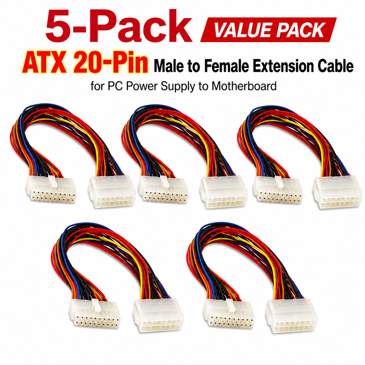 ATX 20-Pin Male to Female Extension Cable 1FT Motherboard Power Supply 5-Pack