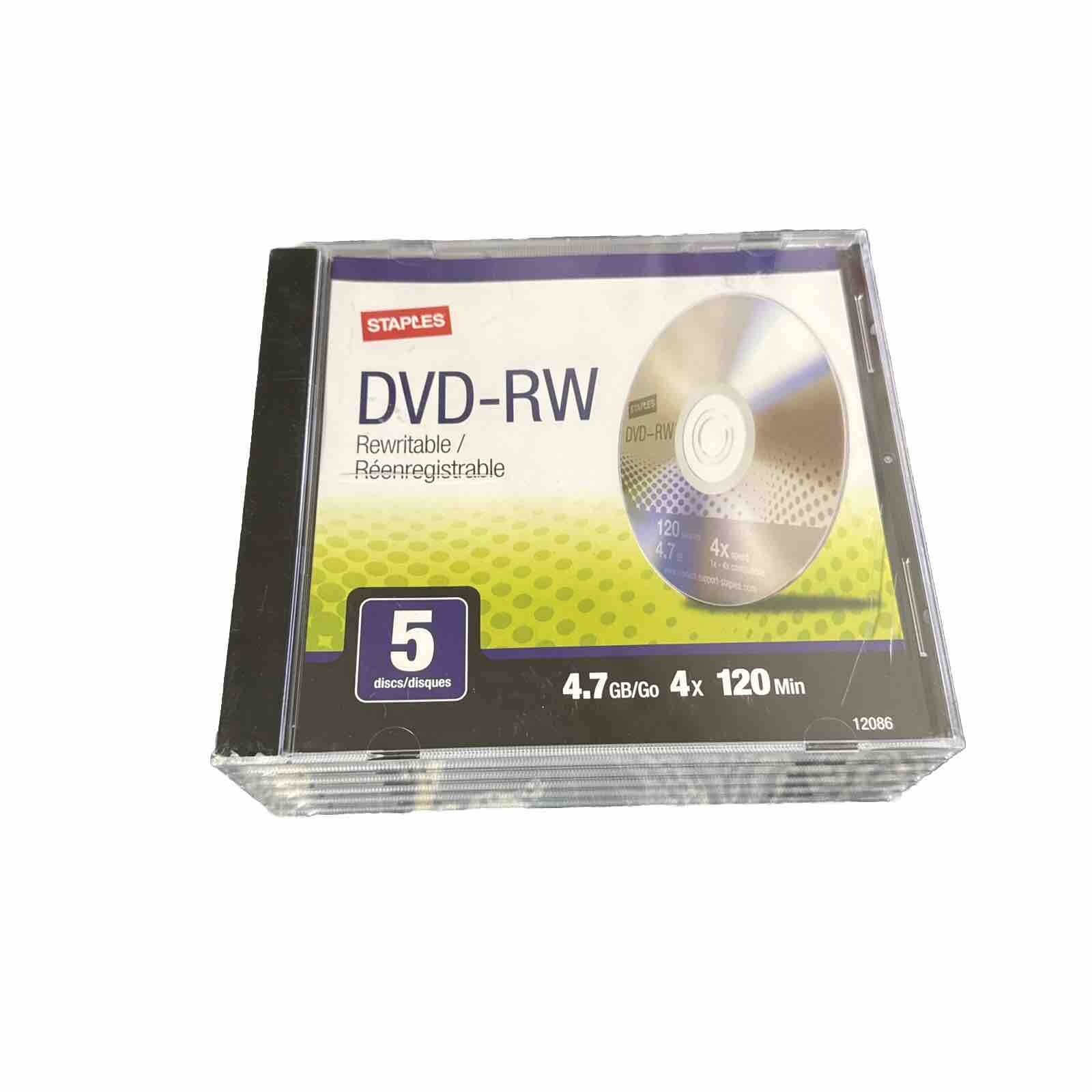 Staples DVD-RW 5 Pack 120 MIN. 4.7 GB Rewritable 5 Disc Set New Sealed Fast Ship