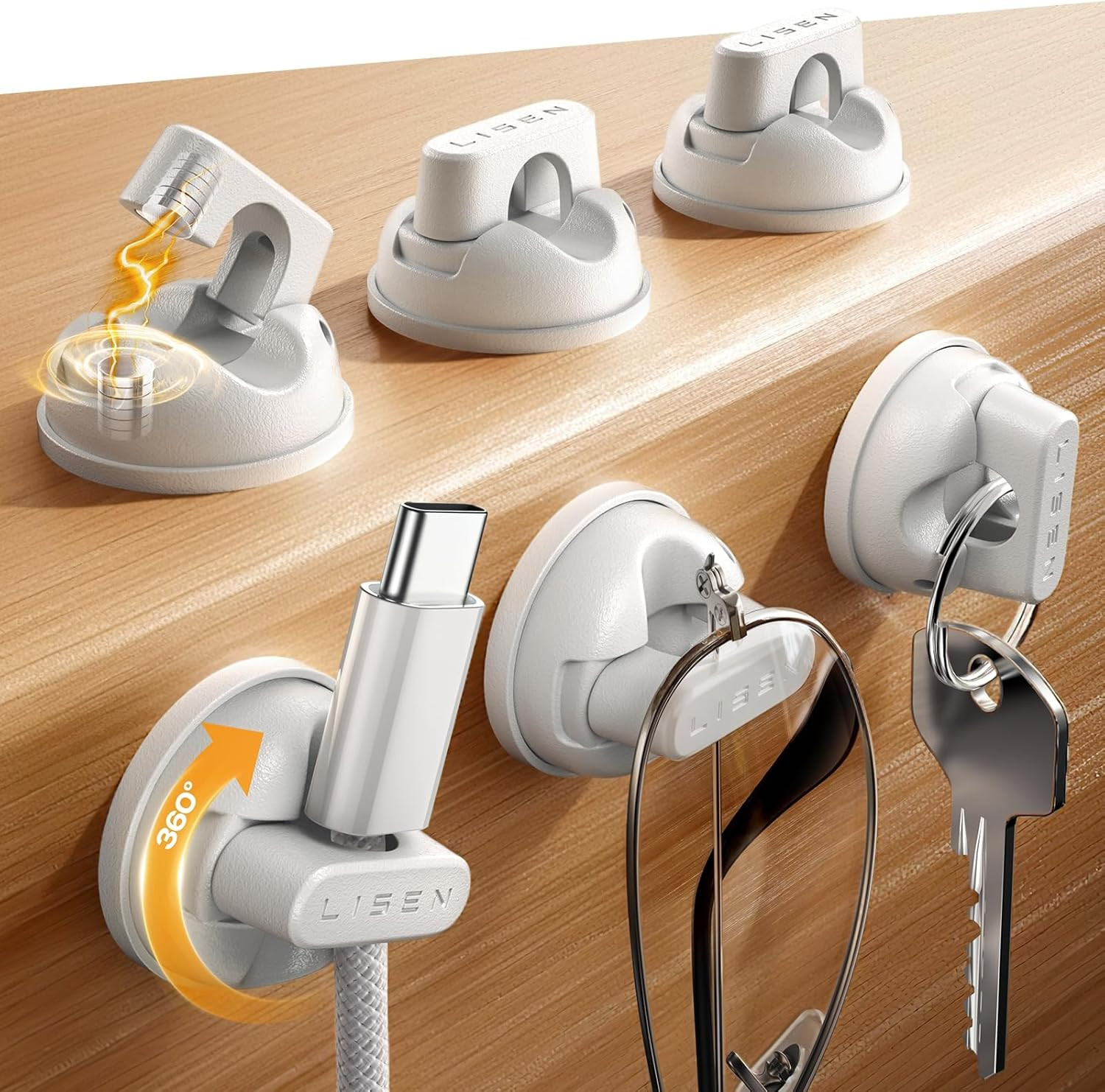 6-Pack Rotatable Cord Holder for Nightstand,  360°Rotating Magnetic Clips, No-Re