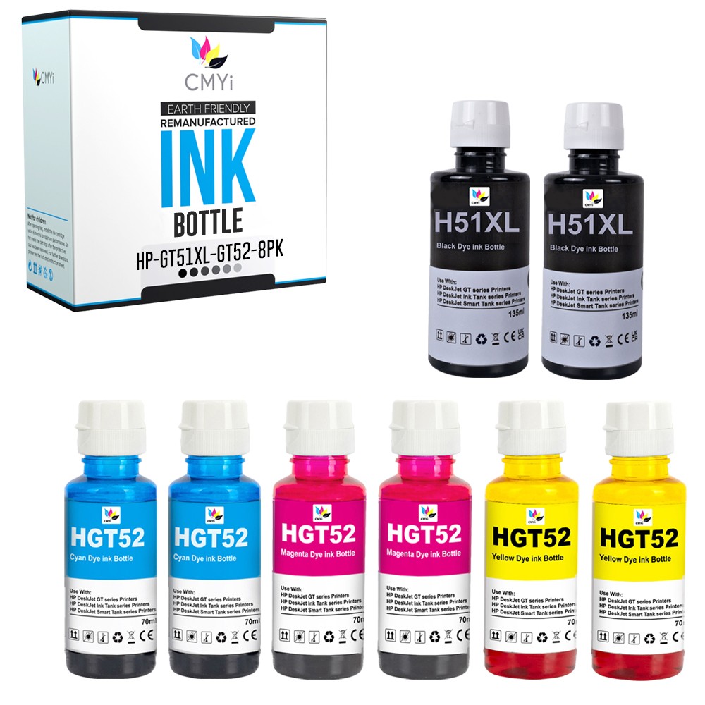 CMYi 8PK Compatible GT51XL GT52 Ink Bottles Combo fits HP Ink Tank 412 415 416