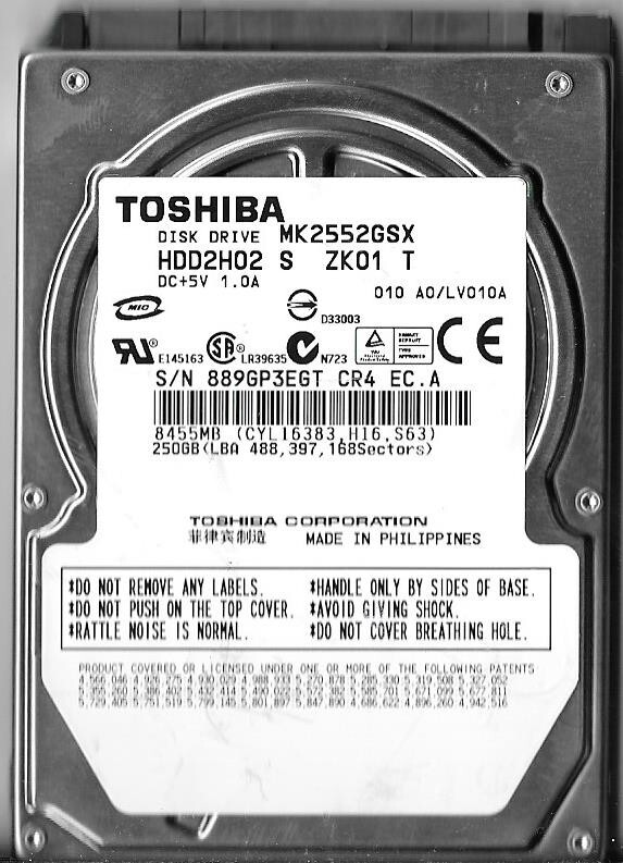 Toshiba MK2552GSX HDD2H02 S ZK01 T 250GB Sata Hard Drive