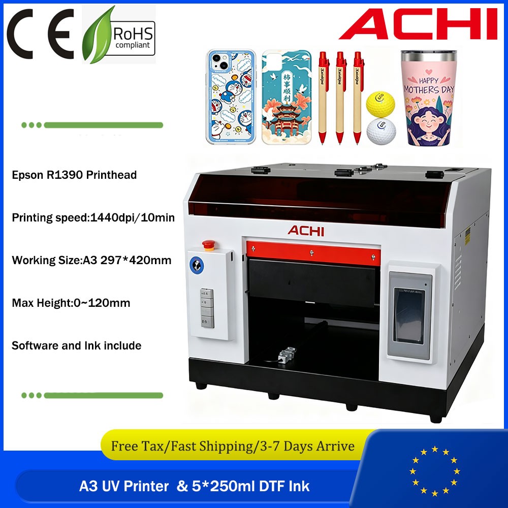 ACHI A3/A4/A5 UV Flatbed Printer Epson Printhead High Precision DIY Printing EU