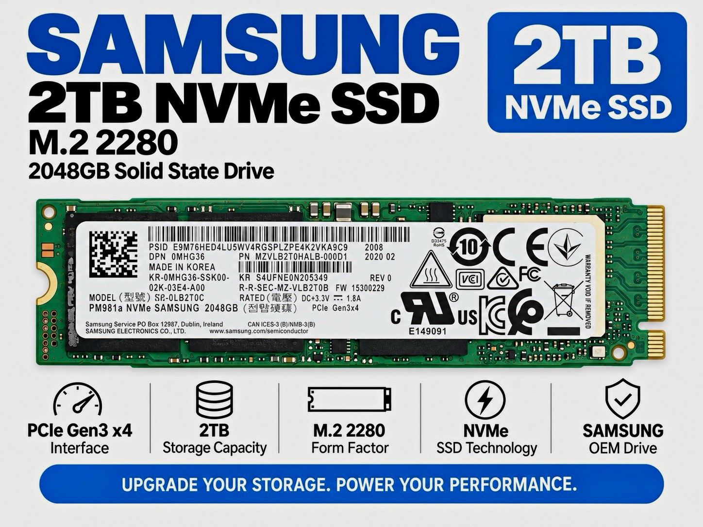 Samsung PM981a 2TB NVMe PCIe Gen3 x4 M.2 2280 Internal SSD MZVLB2T0HALB
