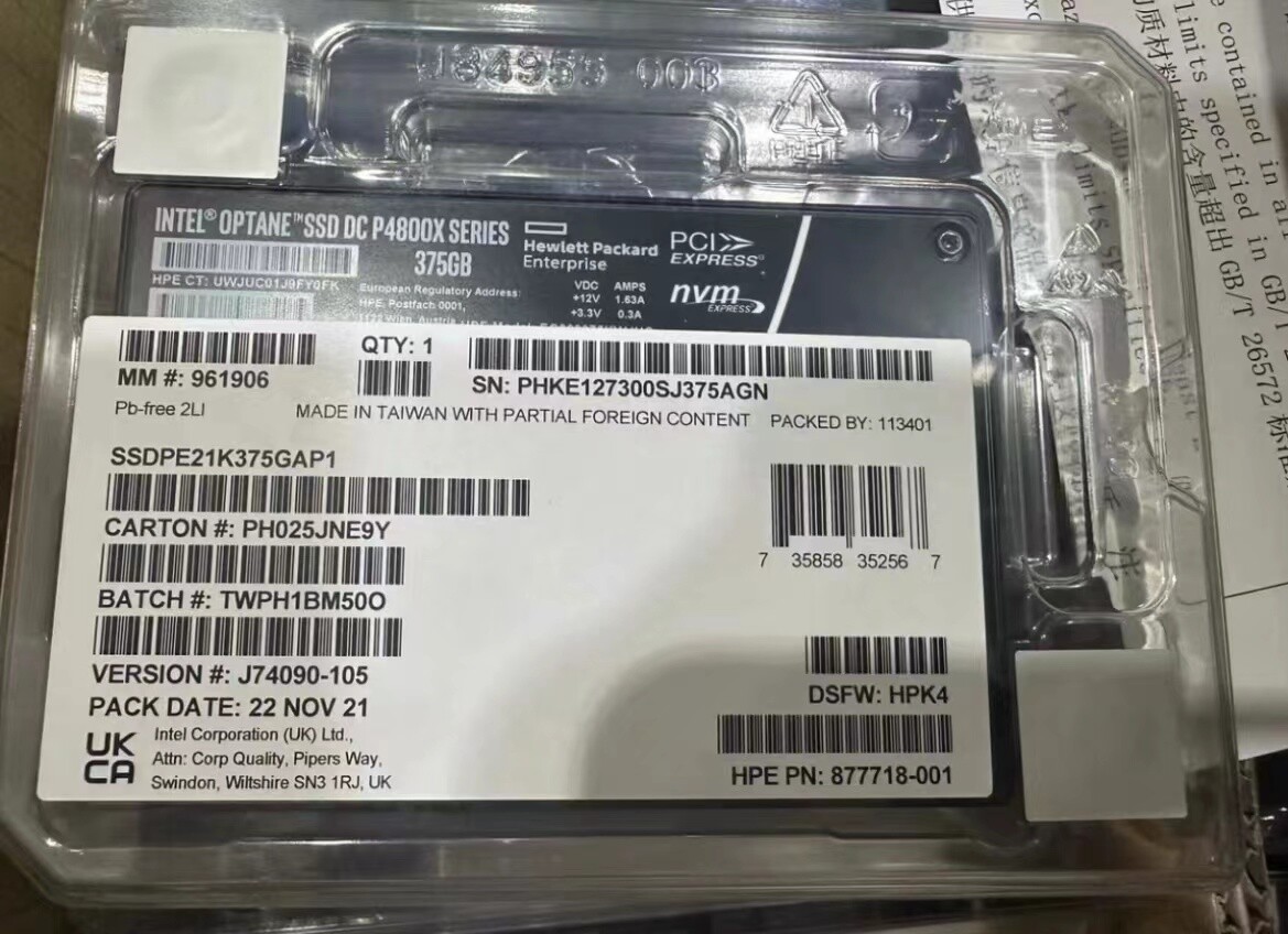 Intel Optane P4800x 375GB SSD U.2 NVME PCIE HP SSDPE1K375GAP1-