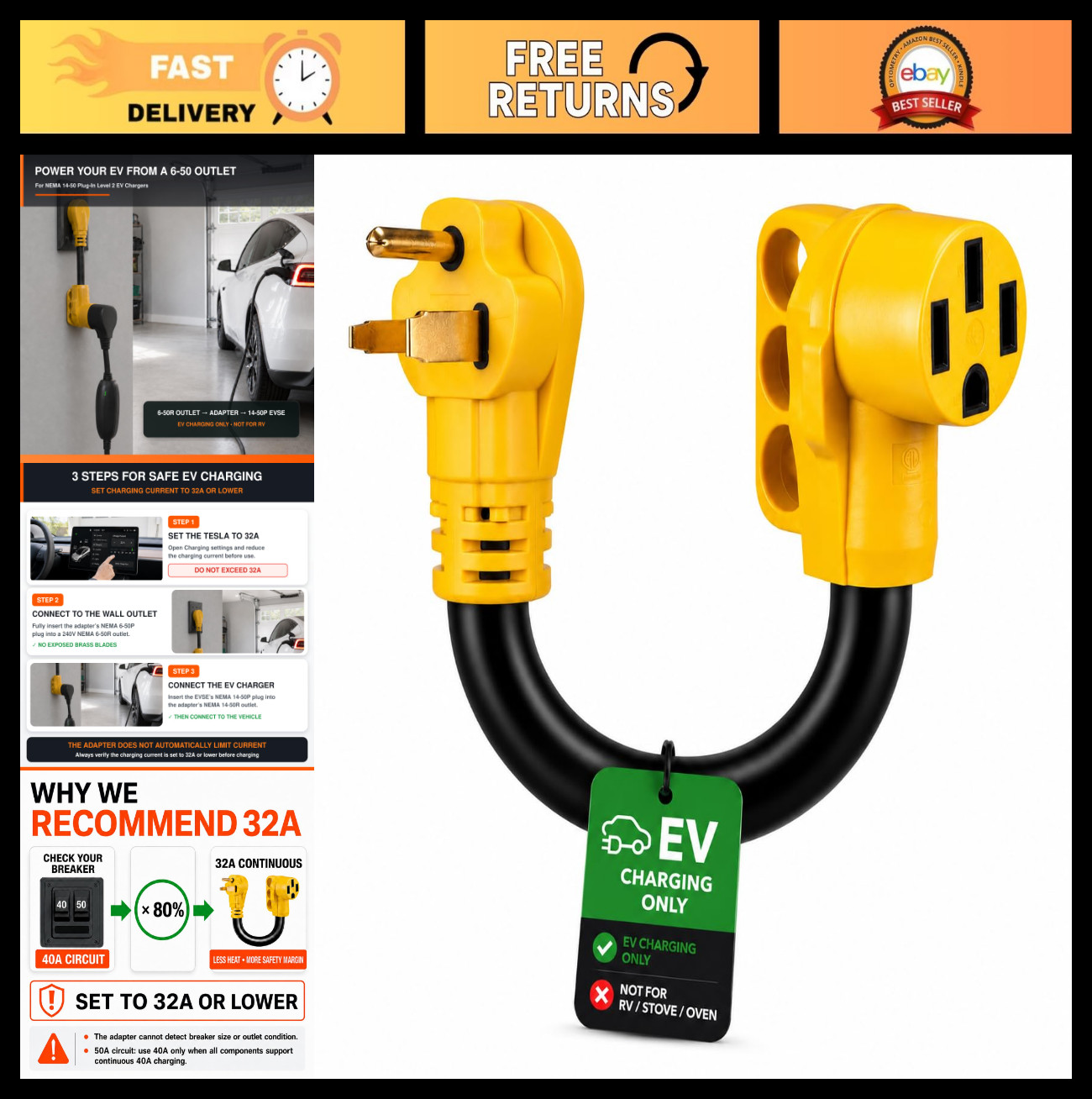 NEMA 6-50P to 14-50R EV Charger Adapter Cord, 240V 3-Prong to 4-Prong Connector,