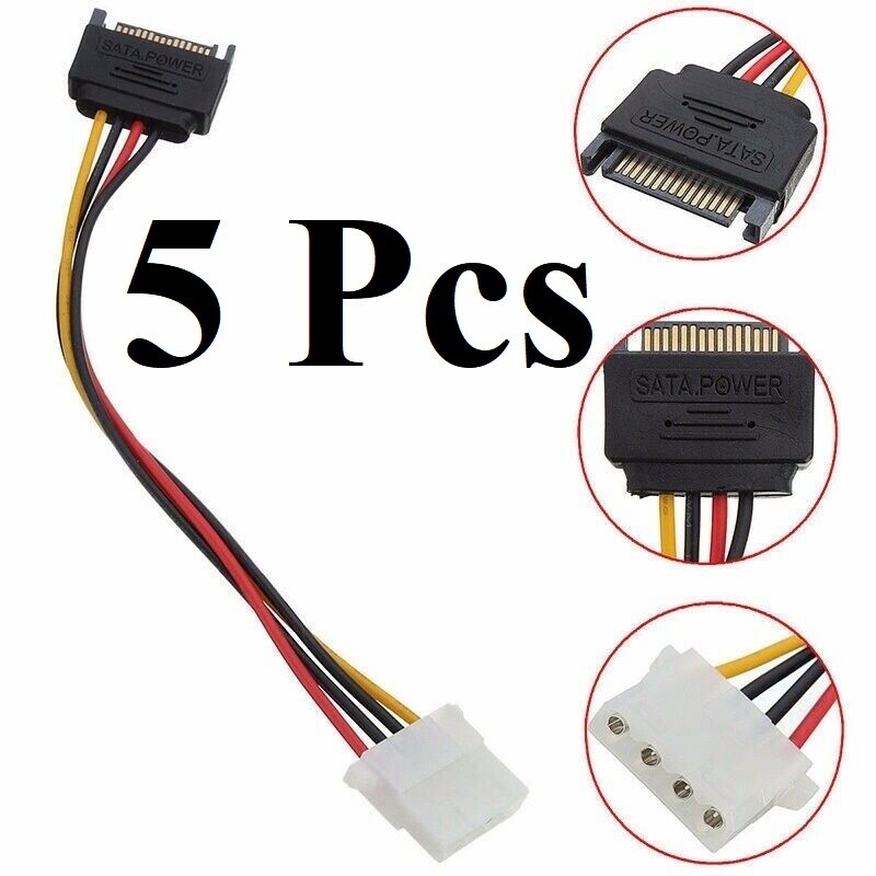 5Pcs IDE/Molex 4-Pin Male To Serial ATA SATA 15-Pin Female Power Adapter Cable z