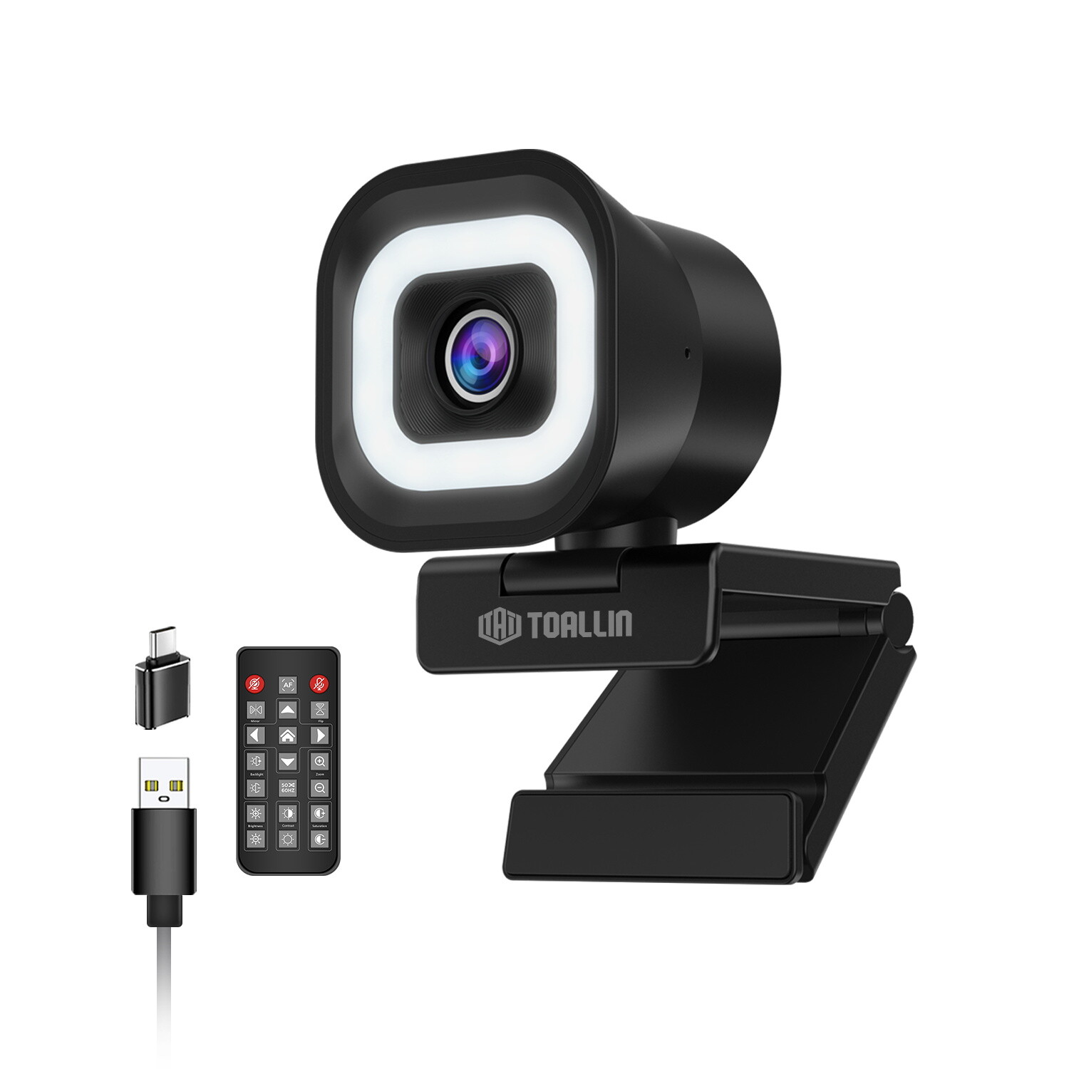 TOALLIN PDAF 4K Webcam,Dual Mics,Built-in Ring Light & Remote Wide Compatibility
