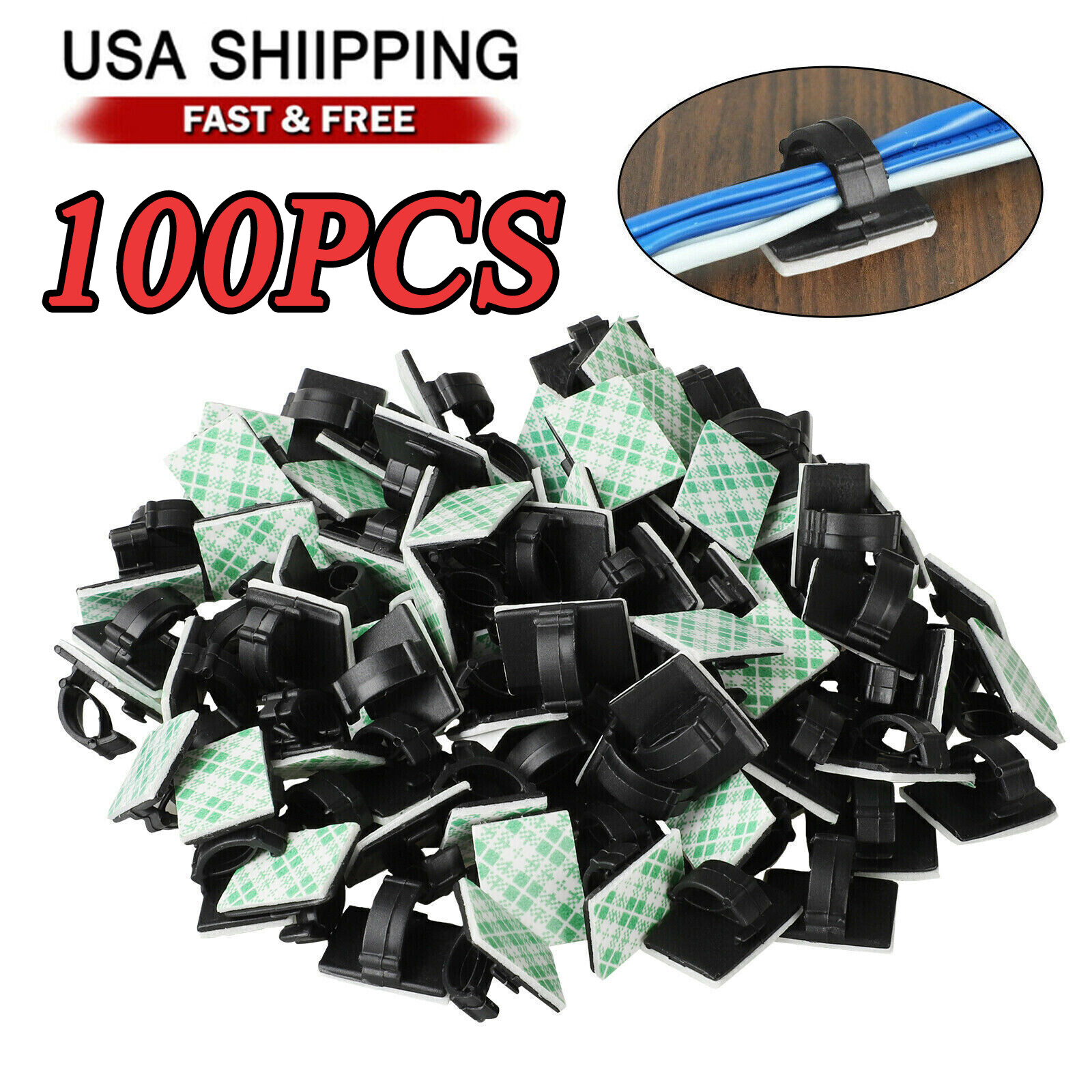 100Pcs Cable Clips Self-Adhesive Cord Management Wire Holder Organizer Clamp US