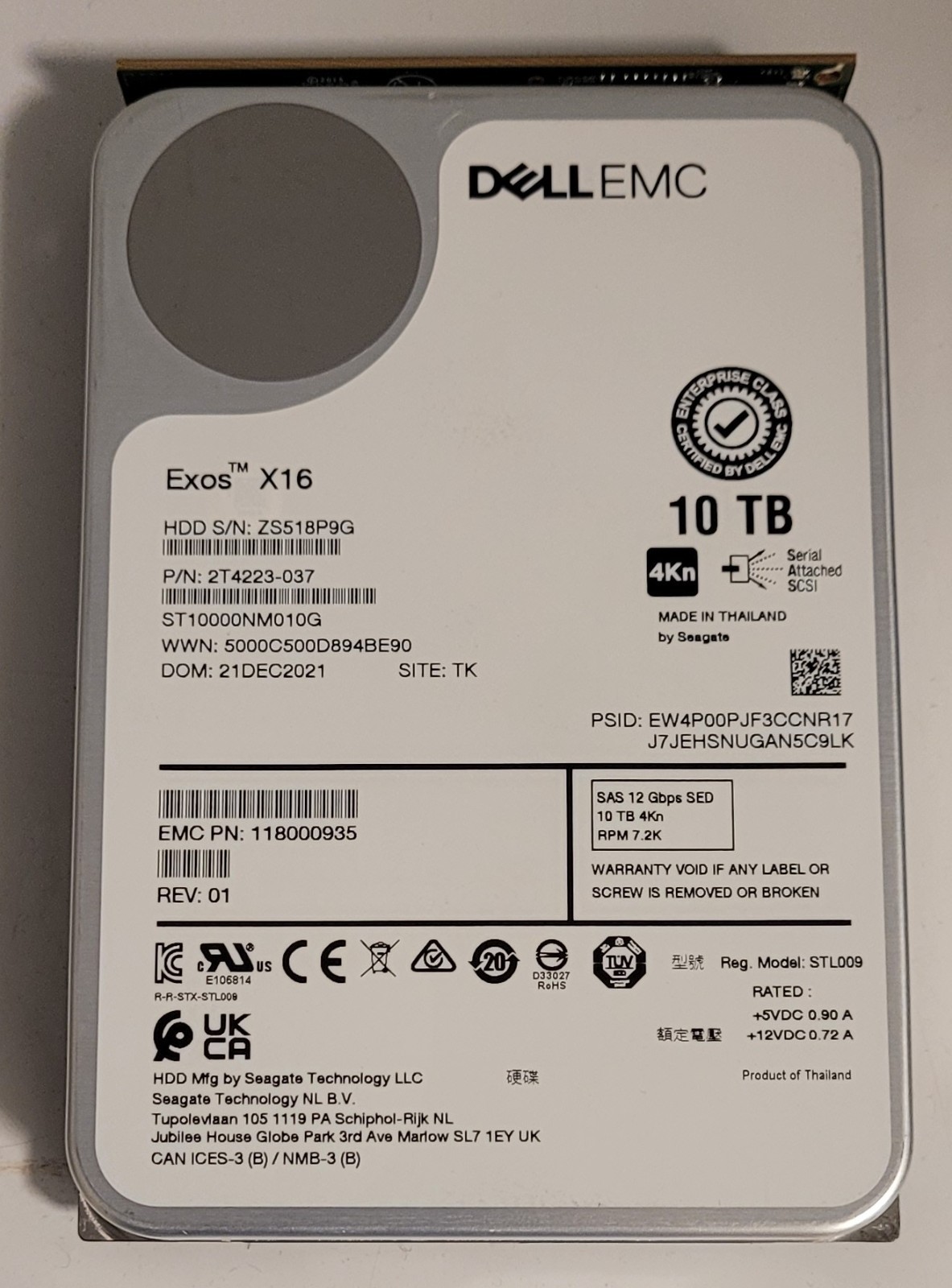 Dell EMC (Seagate Exos X16 ST10000NM010G) 10 TB 3.5" SAS 12 Gbps 4Kn SED HDD