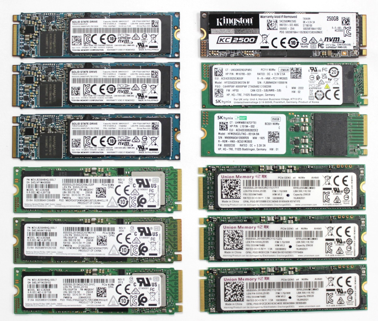 Lot of 12 - 256GB M.2 NVMe PCIe SSD 2280 Solid State Drive Mixed Brand