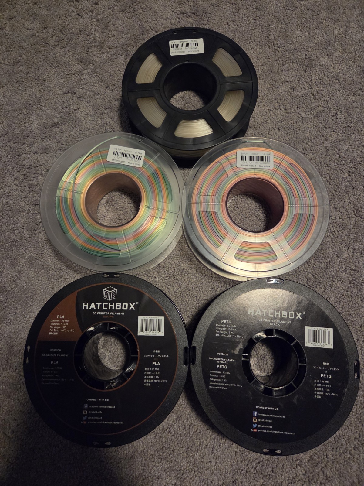 5 Rolls of 3d Printer Filament  Black/Brown/Transparent/Rainbowx2