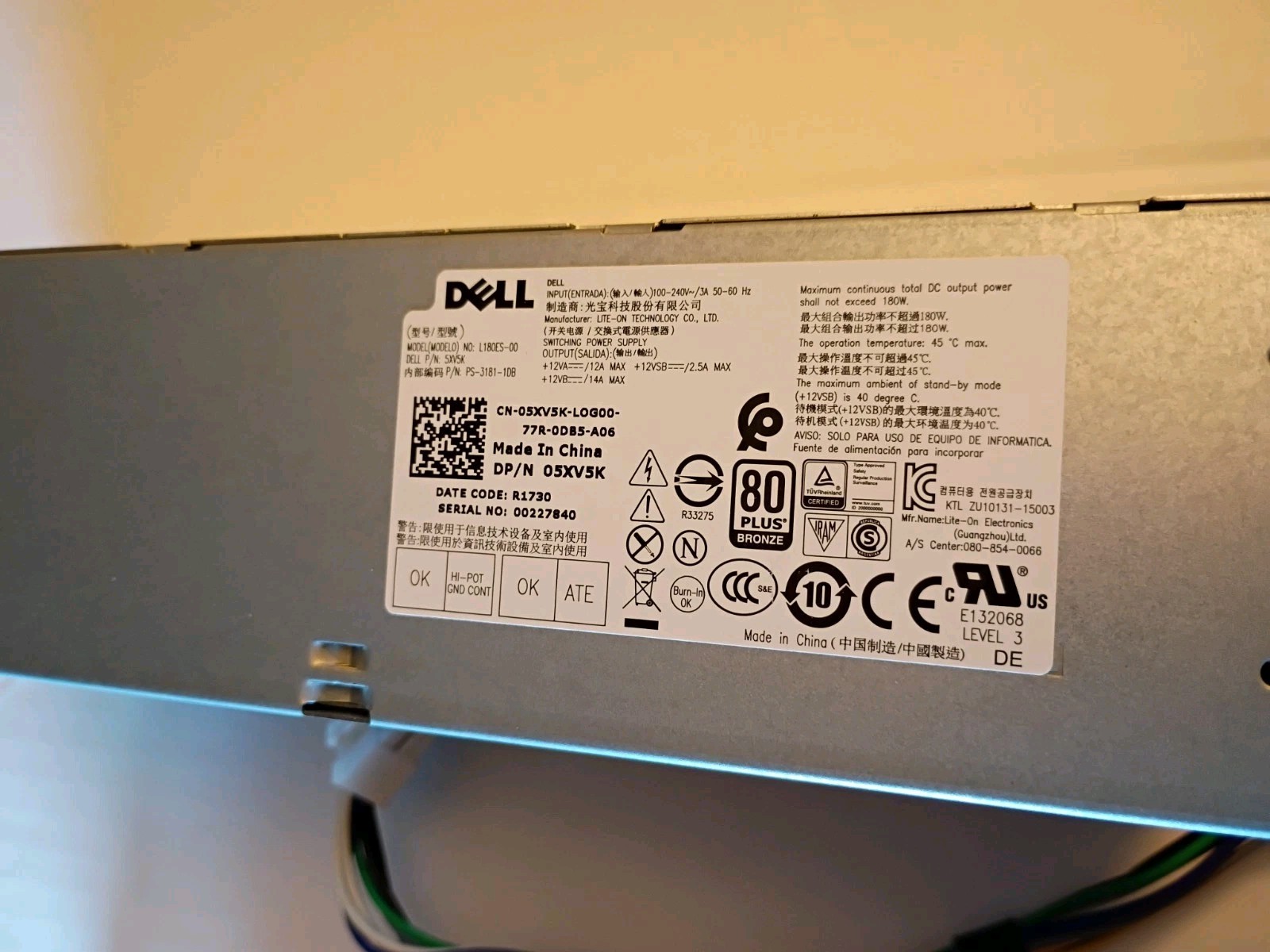 Dell 180W PSU L180ES-00 05XV5K OptiPlex 3040 5040 7040 Precision 3420