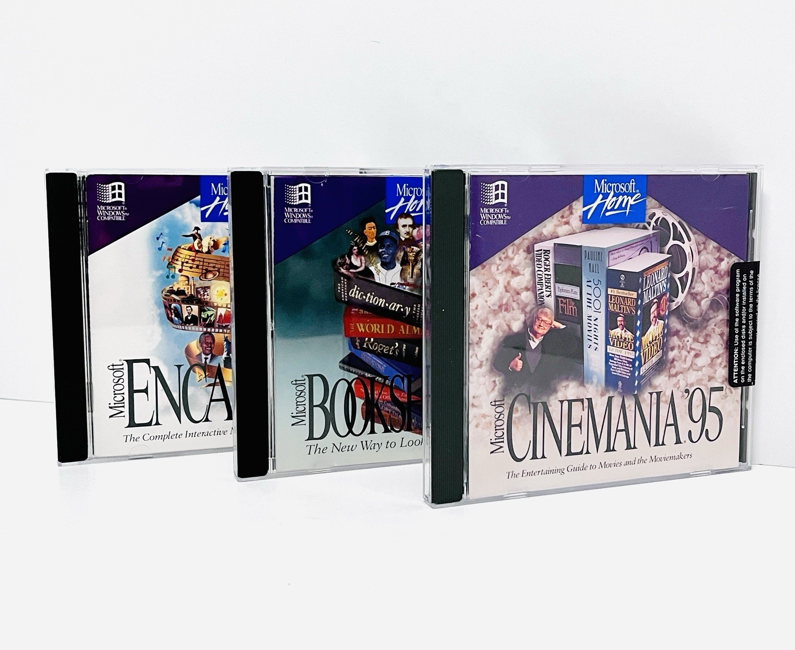 3 VTG Collectible Microsoft Software  Home Cinemania Encarta Bookshelf 95 CD