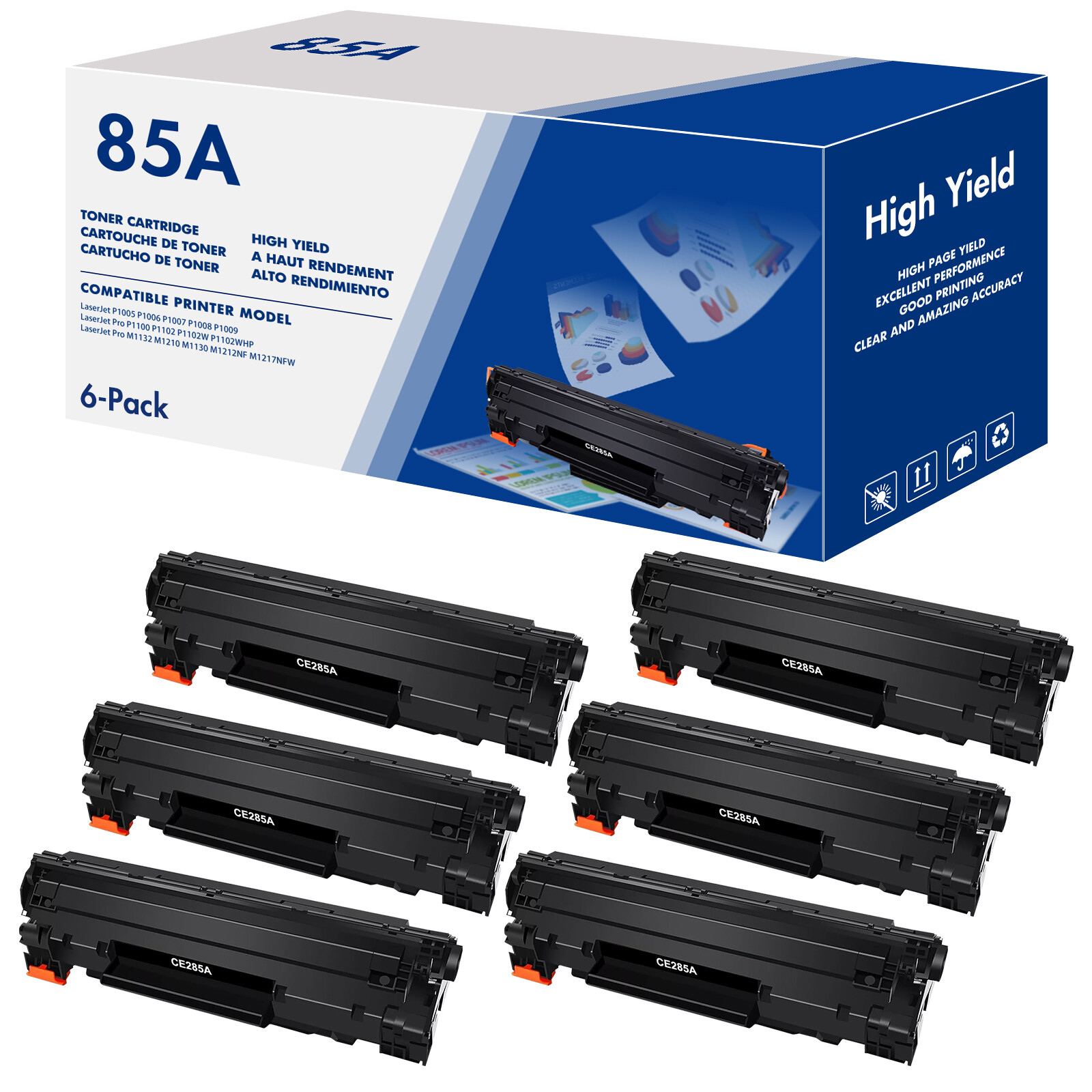 6 PK New CE285A 85A Black Toner Cartridge for HP LaserJet P1102W M1217nfw MFP