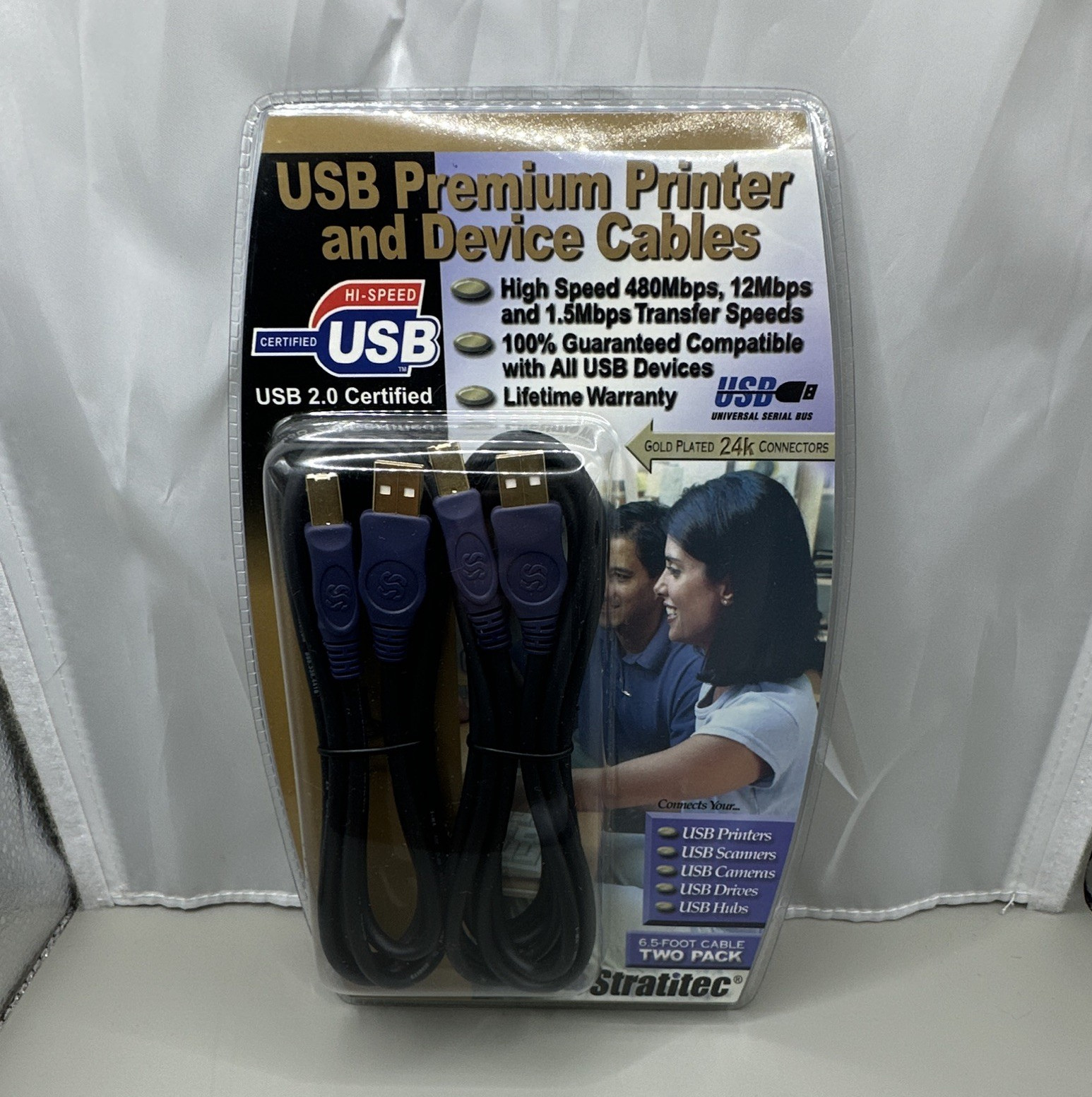 Stratitec 6.5ft USB 2.0 A to B Cable 2-Pack Gold Plated Blue