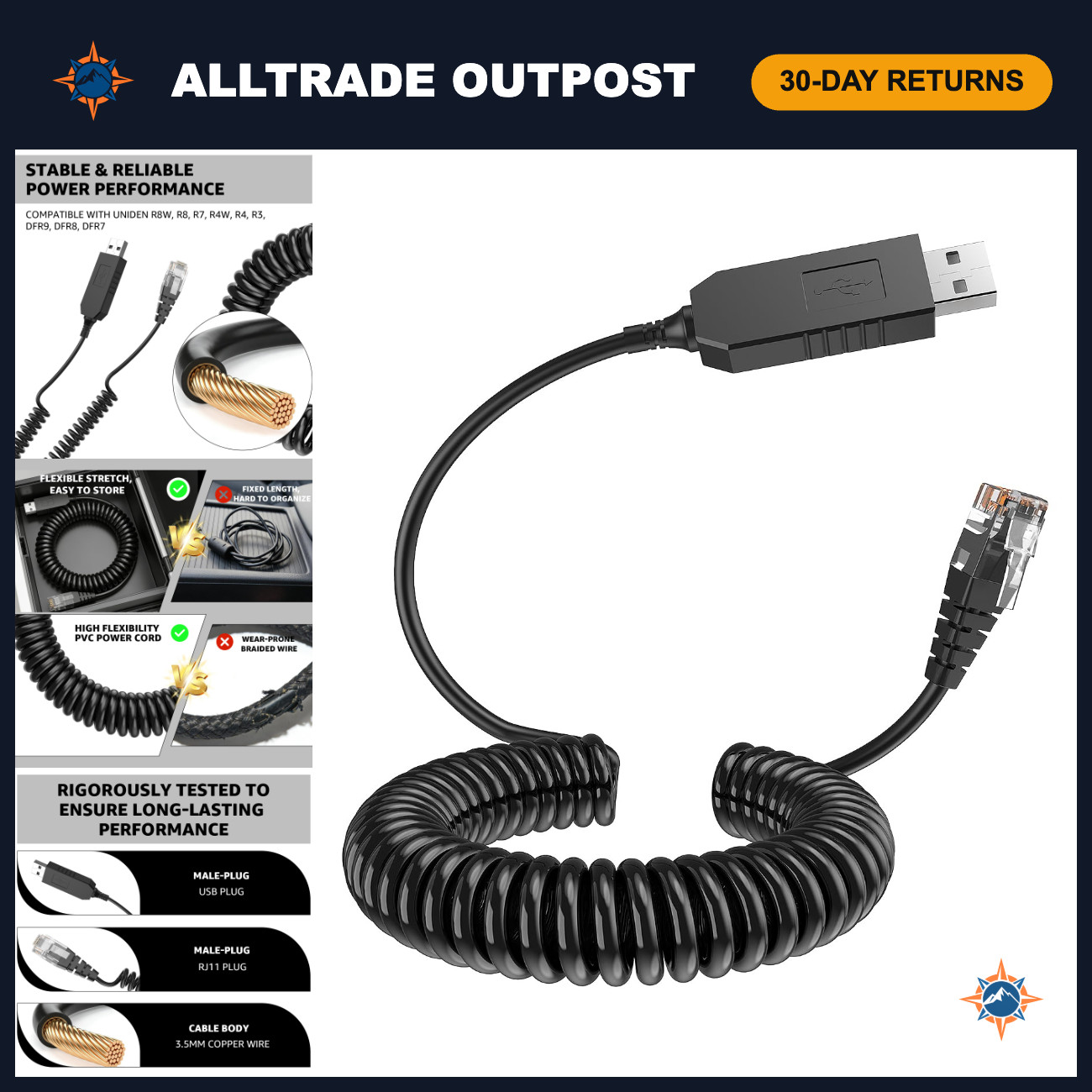 Coiled USB to RJ11 Power Cord for Radar Detectors - Universal Compatibility