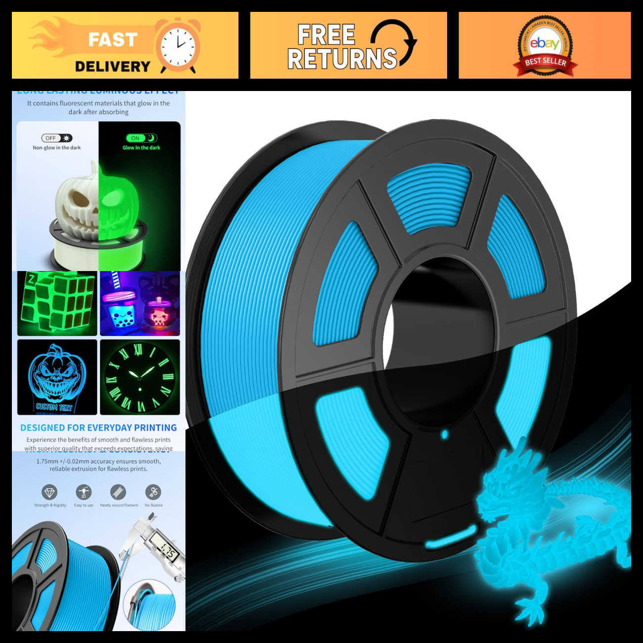 Glow in the Dark PLA 3D Printer Filament 1.75mm 1.1kg - Blue, High Quality, Eco-