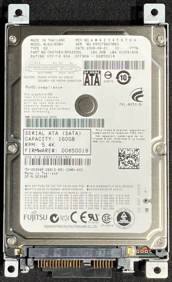 Dell / Fujitsu 160GB 5400RPM 2.5" SATA Hard Drive / MJA2160BH / G394R / R065F
