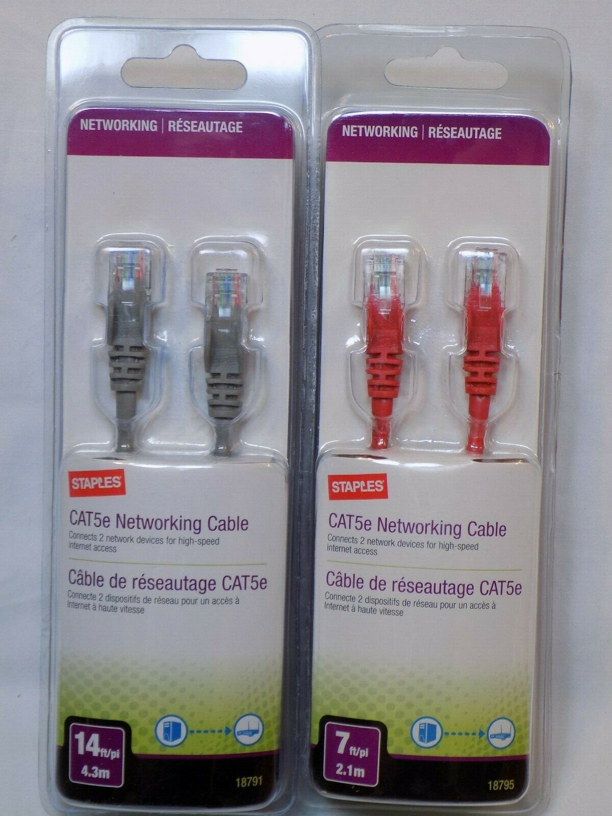 CAT5e Networking Cable NEW Staples LOT 14 ft + 7' Connects 2 Devices High Speed