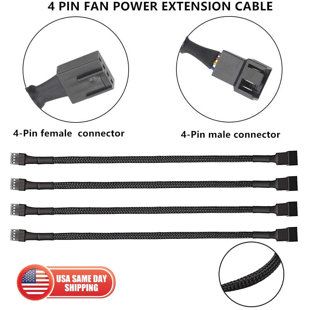 4x 10" 4-Pin/3-Pin PWM Connector Computer PC CPU Case Fan Extension Power Cable