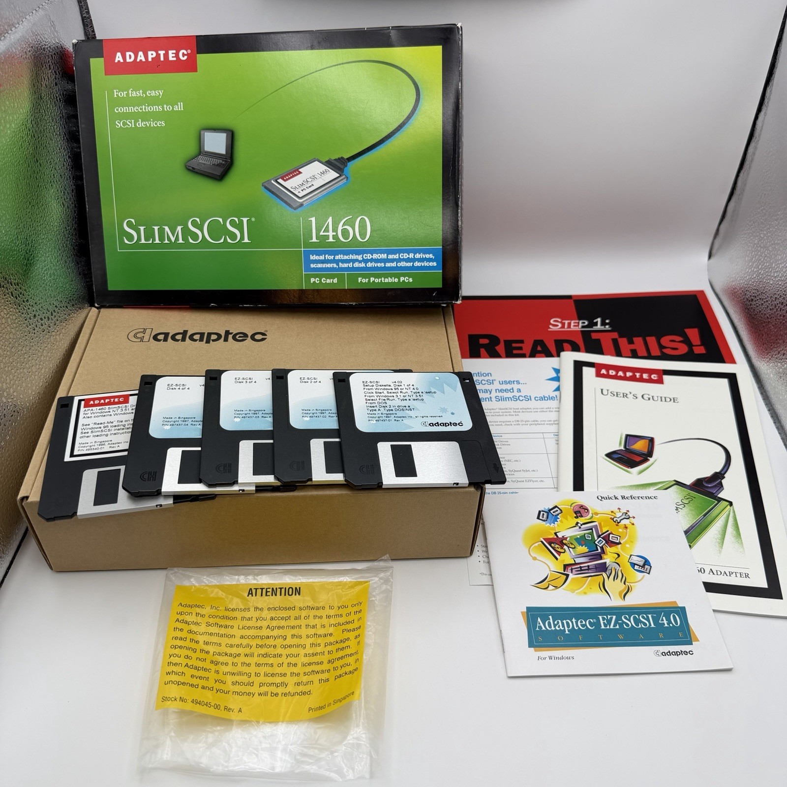 Vtg Adaptec SlimSCSI 1460 PC Card SCSI Box, Manuals, Floppy Disks Only NO CARD