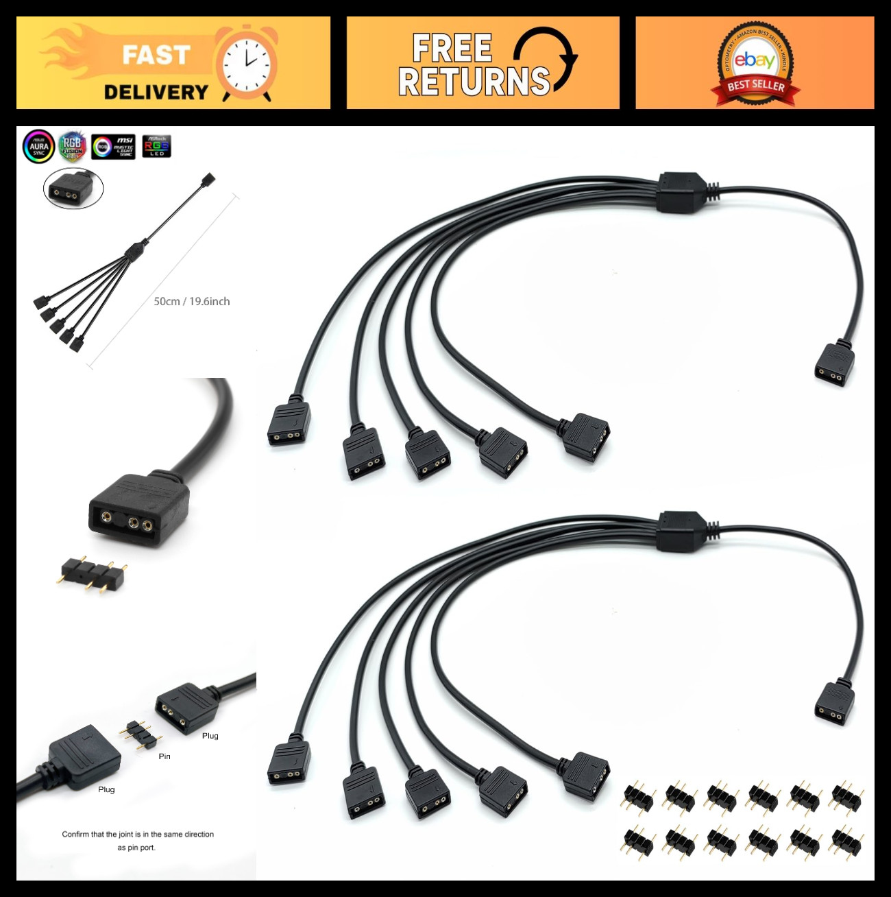 ARGB Splitter 1-to-5, 50cm Extension Cable, 5V 3 Pin Addressable RGB, 2 Pack for