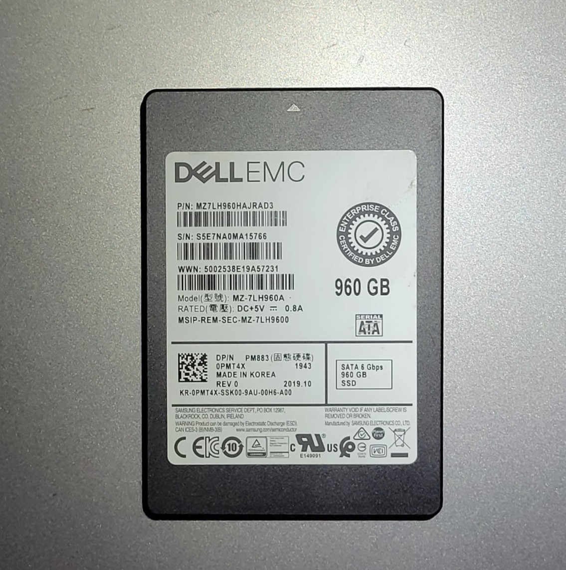 Dell PMT4X Samsung PM883 960GB Server SSD SATA  2.5'' Enterprise MZ-7LH960A 99%