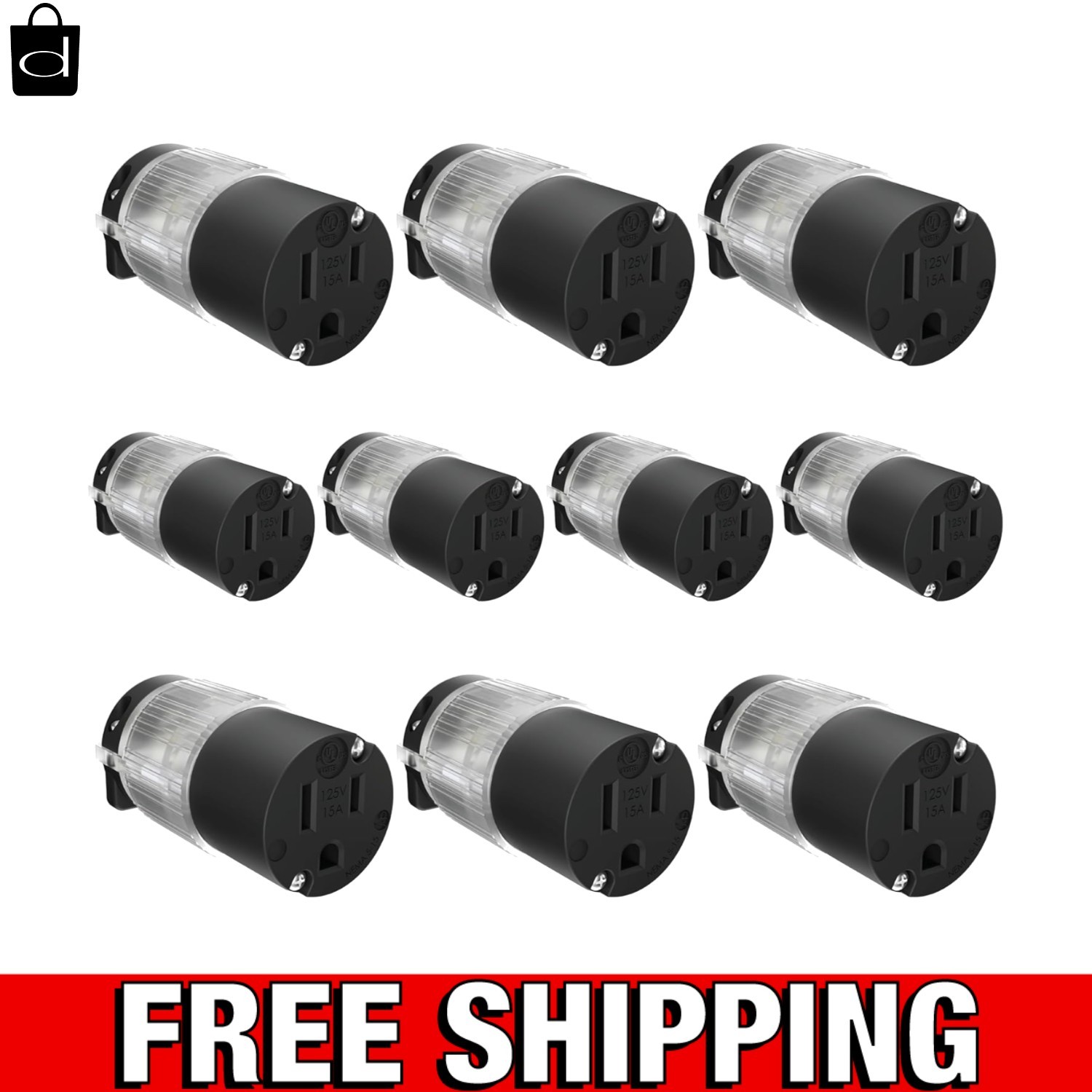 10-Pack Lighted Nylon Plug Connectors - 15 Amp NEMA 5-15R Replacement Solution