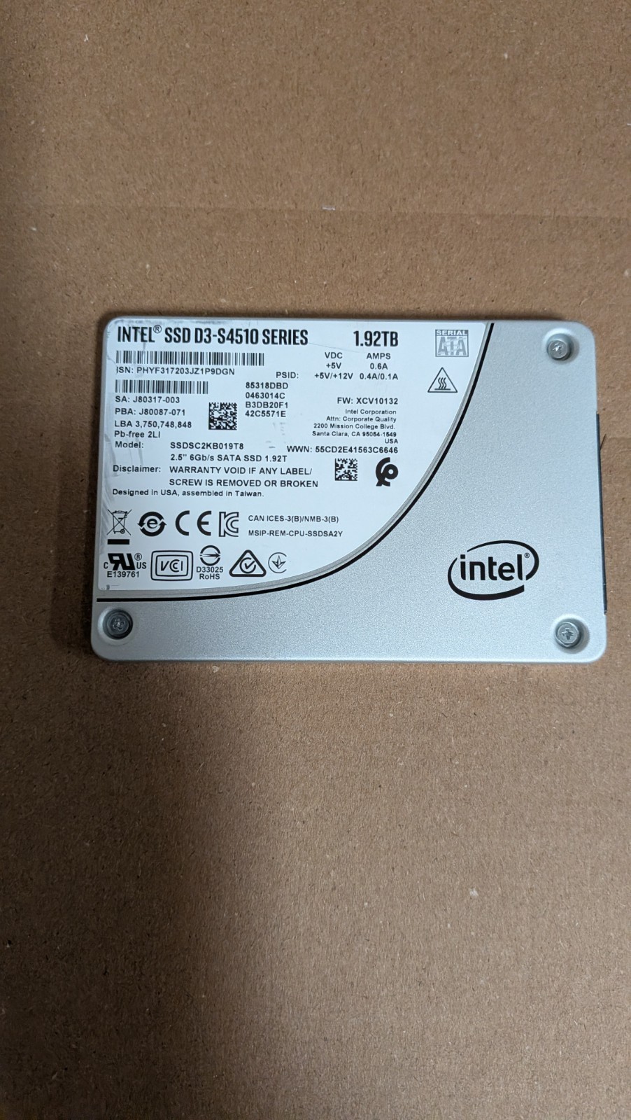 Intel D3 S4510 Series 1.92TB SATA 6G 2.5" SSD SSDSC2KB019T8