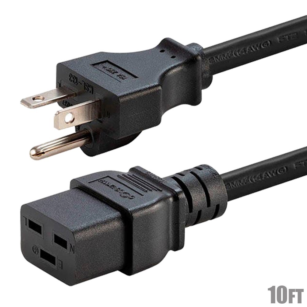 10FT 12AWG 3-Prong NEMA 6-20P to IEC 60320 C19 Heavy Duty Power Cord Cable Black