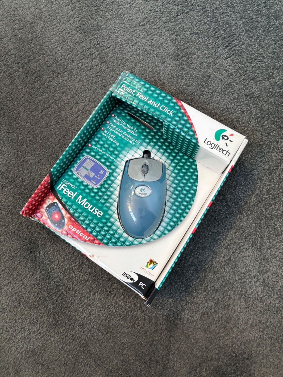New VTG Logitech iFeel Mouse Wheel Mouse M-UN58a USB Transparent Retro PC RARE