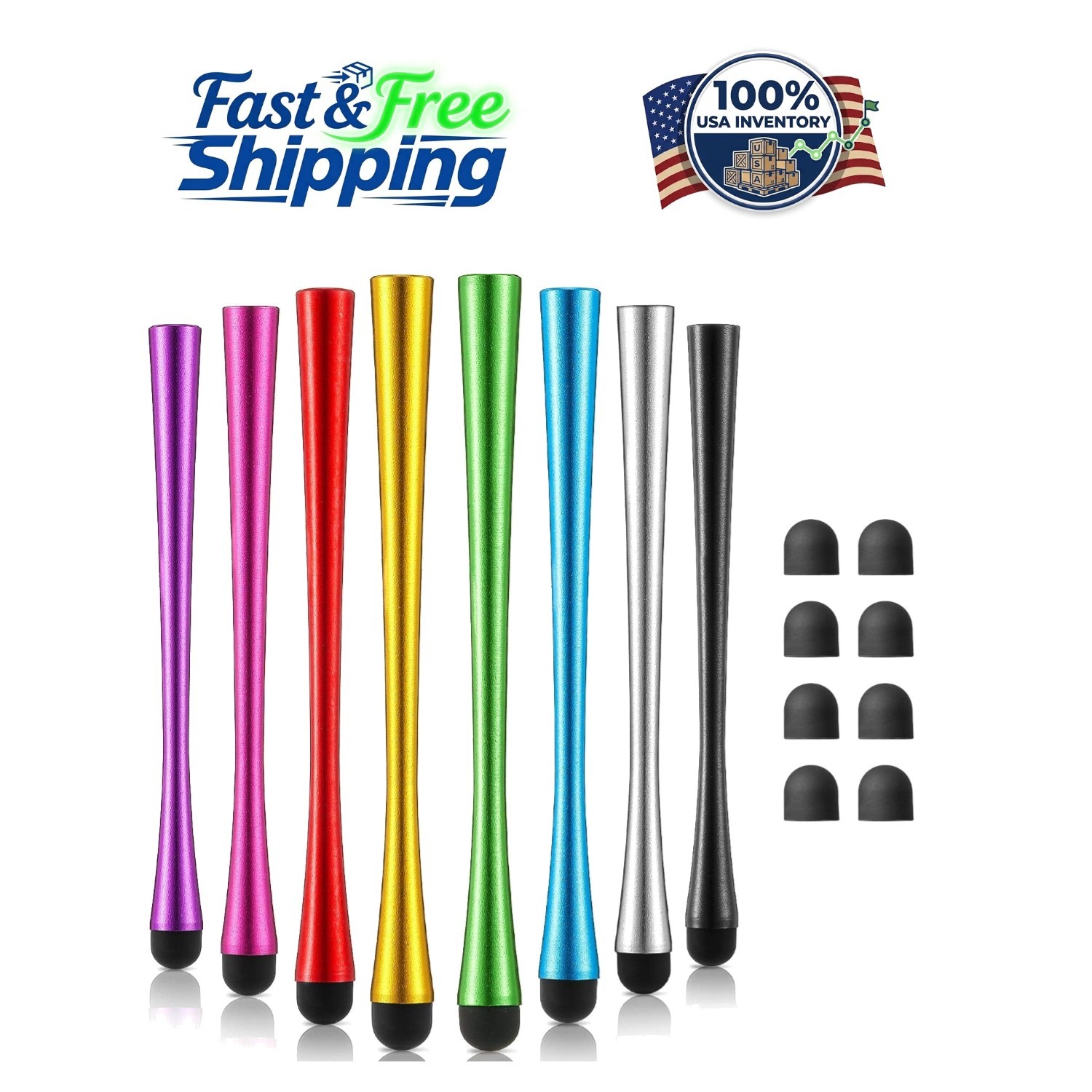 Long Handled Rubber Tip Stylus with Replaceable Tips - 8 Pcs Set for All Devices